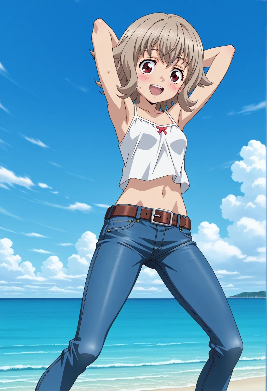 score_9, score_8_up, score_7_up, source_anime, highres, hi res, ((best quality, top quality, perfect quality, Highest Quality, amazing quality)), {{masterpiece}}, {{an extremely delicate and beautiful}}, 2d, intricate details, official style, anime, 8k, anime style, official_anime, official art, digital painting, cell shading, soft shading, high resolution, soothing tones, Subdued Color, Soft cinematic light, adobe lightroom, photolab, HDR, intricately and hyper-detailed, ((high quality animation)), 1 girl, Alone, solo, ((ocean)), tsunami, on the water, day, sunny, outdoors, sky, windy, Atra mixta, Gundam Iron Blooded Orphans, short hair, brown hair, red eyes, anime screencap, small breasts, white camisole top, crop top, white crop top, best quality, hyper-detailed jeans, belt, brown belt, ((blue jeans:1.9)), (dark blue jeans:0.6), full medium body, medium shot, Open mouth, smiling, happy face, blush, sweat, standing, ((arms behind head:6.0)), ((perfect arm line:2.5)), bowlegged, jumping pose, action, looking at viewer, spread legs, Bend knees slightly, straight-on front view