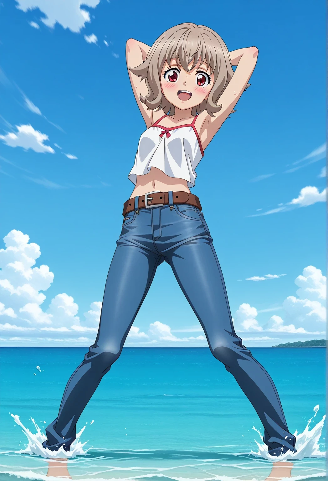 score_9, score_8_up, score_7_up, source_anime, highres, hi res, ((best quality, top quality, perfect quality, Highest Quality, amazing quality)), {{masterpiece}}, {{an extremely delicate and beautiful}}, 2d, intricate details, official style, anime, 8k, anime style, official_anime, official art, digital painting, cell shading, soft shading, high resolution, soothing tones, Subdued Color, Soft cinematic light, adobe lightroom, photolab, HDR, intricately and hyper-detailed, ((high quality animation)), 1 girl, Alone, solo, ((ocean)), tsunami, on the water, day, sunny, outdoors, sky, windy, Atra mixta, Gundam Iron Blooded Orphans, short hair, brown hair, red eyes, anime screencap, small breasts, white camisole top, crop top, white crop top, best quality, hyper-detailed jeans, belt, brown belt, ((blue jeans:1.9)), (dark blue jeans:0.6), full medium body, medium shot, Open mouth, smiling, happy face, blush, sweat, standing, ((arms behind head:6.0)), ((perfect arm line:2.5)), bowlegged, jumping pose, action, looking at viewer, spread legs, Bend knees slightly, straight-on front view