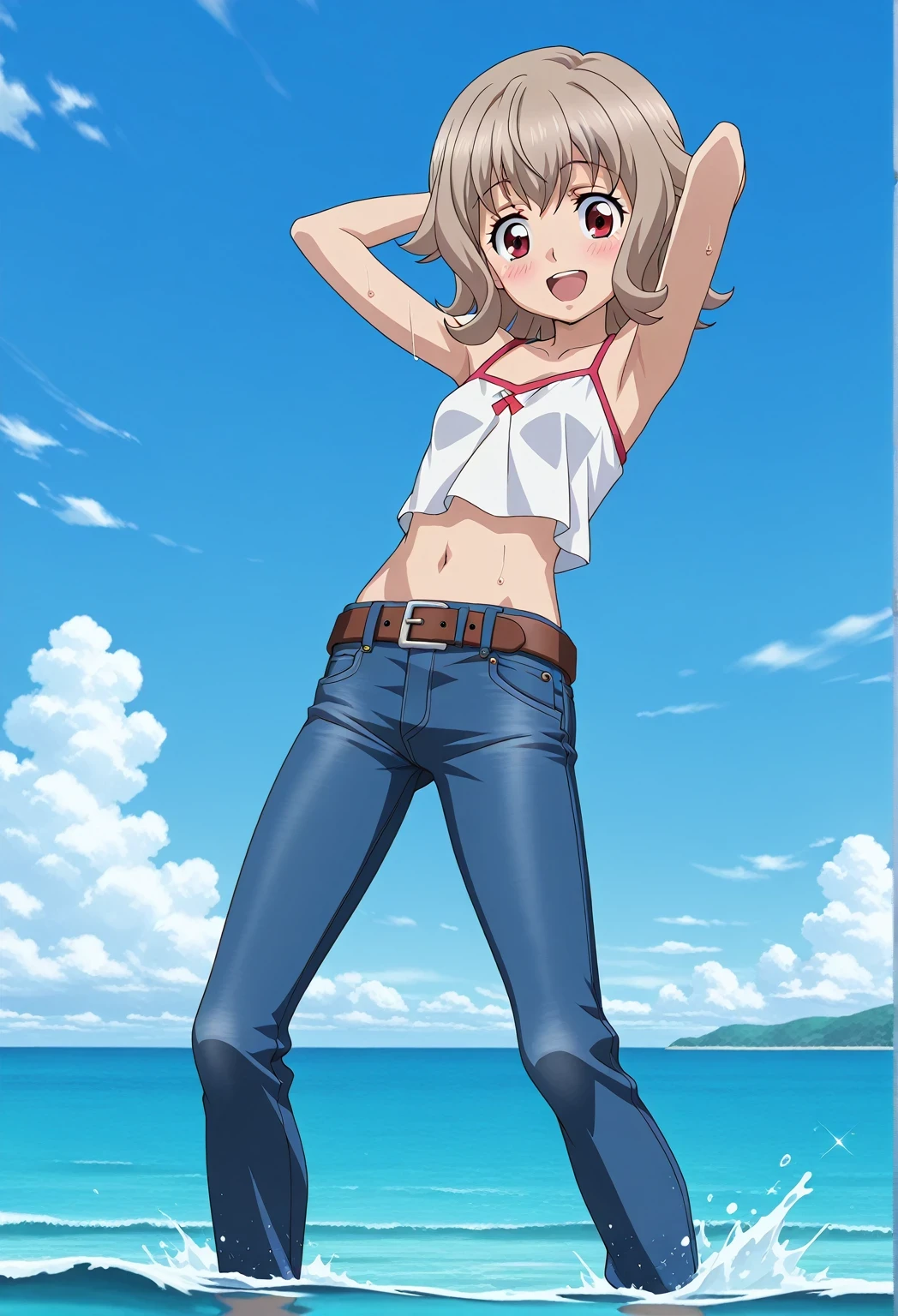 score_9, score_8_up, score_7_up, source_anime, highres, hi res, ((best quality, top quality, perfect quality, Highest Quality, amazing quality)), {{masterpiece}}, {{an extremely delicate and beautiful}}, 2d, intricate details, official style, anime, 8k, anime style, official_anime, official art, digital painting, cell shading, soft shading, high resolution, soothing tones, Subdued Color, Soft cinematic light, adobe lightroom, photolab, HDR, intricately and hyper-detailed, ((high quality animation)), 1 girl, Alone, solo, ((ocean)), tsunami, on the water, day, sunny, outdoors, sky, windy, Atra mixta, Gundam Iron Blooded Orphans, short hair, brown hair, red eyes, anime screencap, small breasts, white camisole top, crop top, white crop top, best quality, hyper-detailed jeans, belt, brown belt, ((blue jeans:1.9)), (dark blue jeans:0.6), full medium body, medium shot, Open mouth, smiling, happy face, blush, sweat, standing, ((arms behind head:6.0)), ((perfect arm line:2.5)), bowlegged, natural standing pose, action, looking at viewer, spread legs, Bend knees slightly, straight-on front view
