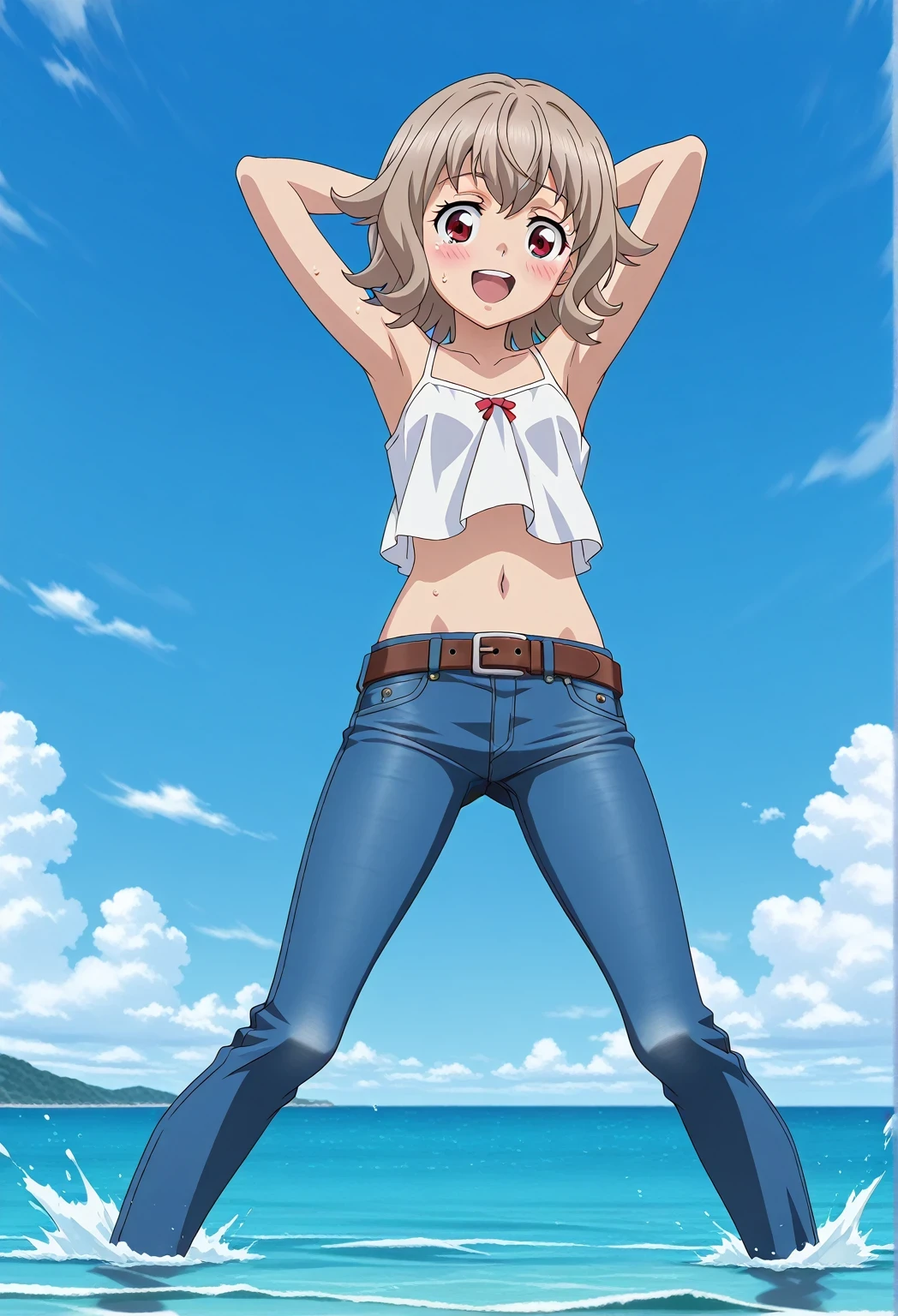 score_9, score_8_up, score_7_up, source_anime, highres, hi res, ((best quality, top quality, perfect quality, Highest Quality, amazing quality)), {{masterpiece}}, {{an extremely delicate and beautiful}}, 2d, intricate details, official style, anime, 8k, anime style, official_anime, official art, digital painting, cell shading, soft shading, high resolution, soothing tones, Subdued Color, Soft cinematic light, adobe lightroom, photolab, HDR, intricately and hyper-detailed, ((high quality animation)), 1 girl, Alone, solo, ((ocean)), tsunami, on the water, day, sunny, outdoors, sky, windy, Atra mixta, Gundam Iron Blooded Orphans, short hair, brown hair, red eyes, anime screencap, small breasts, white camisole top, crop top, white crop top, best quality, hyper-detailed jeans, belt, brown belt, ((blue jeans:1.9)), (dark blue jeans:0.6), full medium body, medium shot, Open mouth, smiling, happy face, blush, sweat, standing, ((arms behind head:6.0)), ((perfect arm line:2.5)), bowlegged, natural standing pose, action, looking at viewer, spread legs, Bend knees slightly, straight-on front view