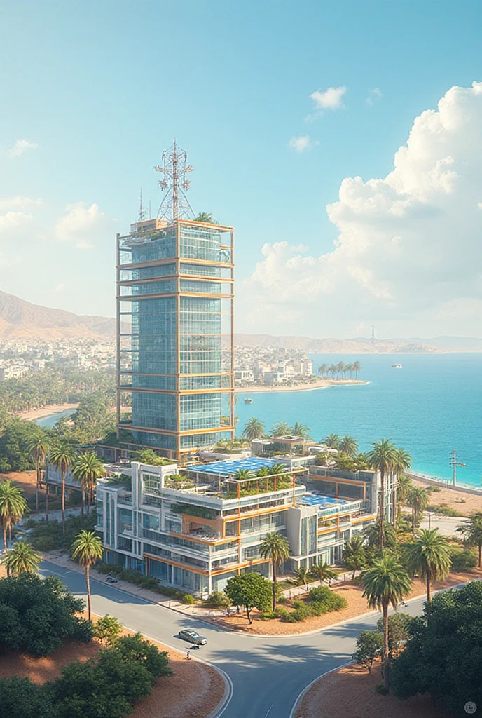 aerial view of Modern building skycraper robust white futuristic LED illuminated blue windows and doors, set in Utah desert orange sunny day realistic texture illuminated ambient day sun city ESG, paved streets, bike paths, bridges and traffic, afforestation and water fountains and lake, swimming pools 