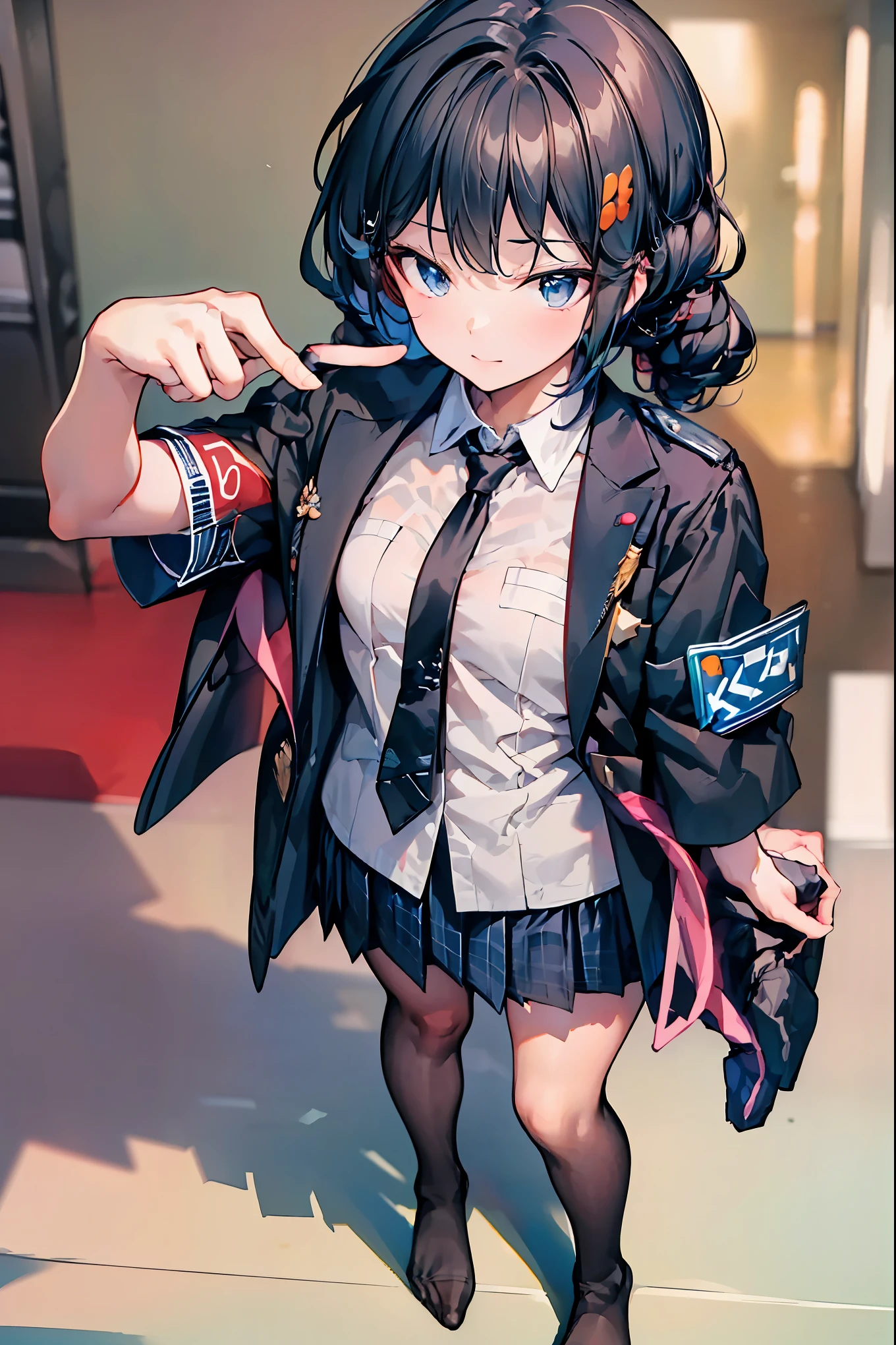 Little Girl with High Pressure Discipline Chairman,((from above:1.2)),(((Chairman of the Discipline Committee's armband))),cowboy shot on exposed armpits,About 150 centimeters,charismatic presence,Young face,High School, 周囲を高身長男子High School生が取り囲む,Pointing and Instructing,4K High Resolution,High Dynamic Range,anatomically correct hand,corrects legs anatomically correctly,shortcuts,unkempt hair,Short braided hair,Neat,slender beauty,correct attitude,small breasted,beautiful legs,The enchanting gray-blue eyes shine like stars,Saggy Eyes,Brilliant Colors,beautiful eyes,A delicate smile,Textured Skin,BEST QUALITY THE BEST,gentle and beautiful woman,anime style、Super Realistic Digital Illustration with Excellent Detail Description,Deep Tones,Dramatic Lighting,Precise Texturing,Little Girl with High Pressure Discipline Chairman, Chairman of the Discipline Committee's armband, About 150 centimeters, charismatic presence, Pointing at the Students, 4K Realistic Illustration, Extremely detailed down to the details, professional, Vivid Colors, Delicate Light and Shadow, Central Figure of the Disciplinary Committee, Strictly Instructing the Students, Coercive Behavior, Small but Strong Presence, Trying to solve school problems