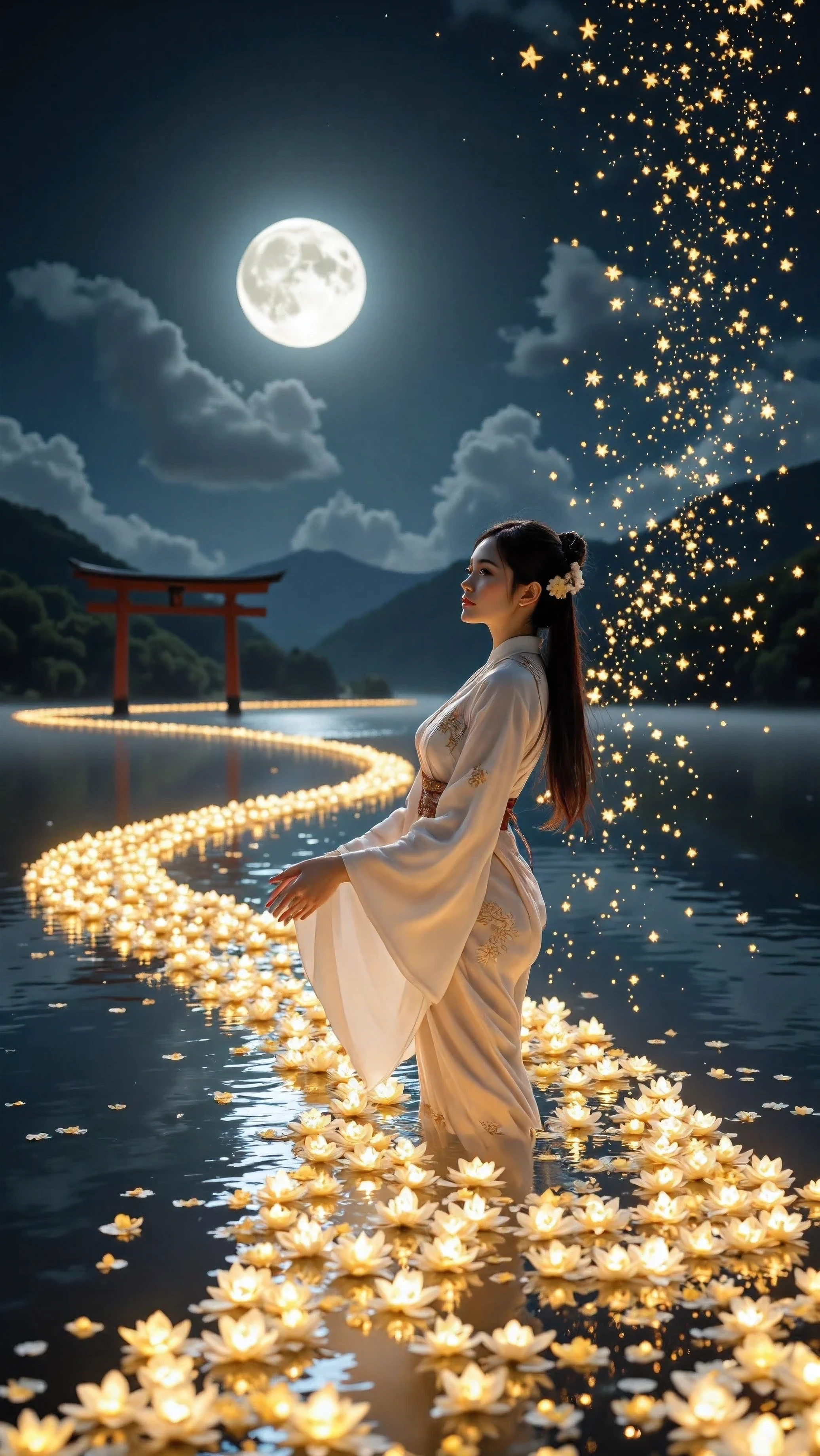 moonlit lakeside, the moon's reflection forms a luminous moonroad stretching on the left across the water, guiding the eye to a distant torii and moon; on the right-bottom, a floating elf maiden performs a sacred kagura above the lake, composition arranged in golden ratio with torii and moon; she wears refined Japanese miko robes upgraded into mystical ceremonial vestments: layered translucent silk hakama and kimono-style uchikake, wide ceremonial obi with celestial embroidery, talisman charms, and delicate ritual pauldrons; her beauty is ultimate, with flawless porcelain skin, long lustrous hair glowing in moonlight, and a blissful-shy expression; the entire scene is filled with an overwhelming abundance of luminous floating flowers, countless radiant blossoms drifting through the air, glowing petals cascading like stardust, surrounding the maiden and the moonroad in dazzling harmony; soft moonbeams, golden particles, enchanted fireflies, and drifting petals merge into a breathtaking spectacle, reflected light sculpting the scene, atmosphere reverent, otherworldly, dreamlike
