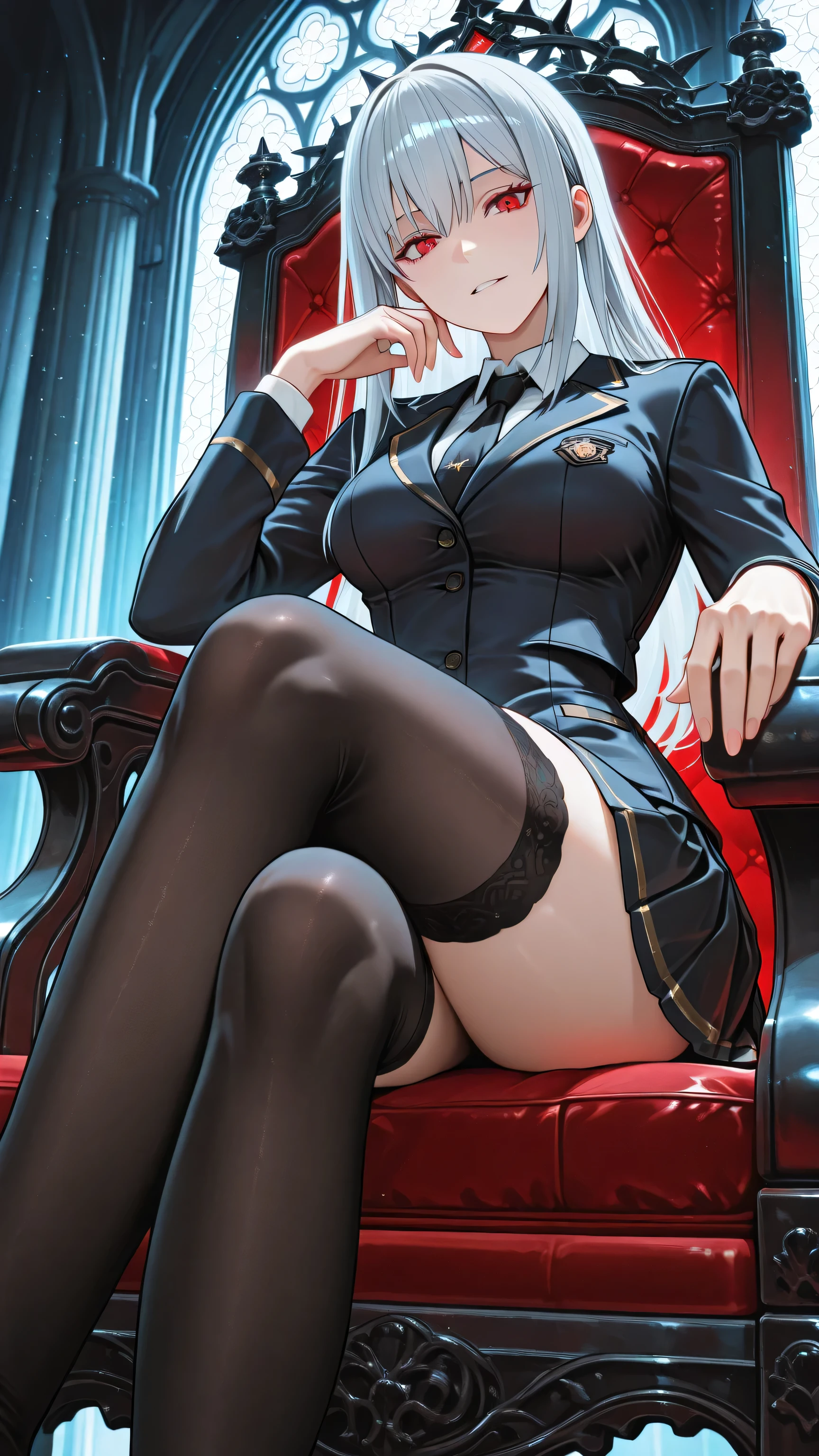 A tall, slender and graceful woman with long straight silver hair and sharp red eyes sits regally upon a grand throne. Her expression is icy, merciless, and subtly alluring — a perfect balance of cold authority and quiet seduction. She wears a deep navy school uniform blazer over a crisp white shirt with a dark necktie, paired with a short pleated skirt. Her long, slender legs are wrapped in elegant black thigh-high socks that accentuate her smooth, refined lines. One arm rests lazily on the throne’s armrest as she props her cheek with a composed, disdainful grace, exuding dominance and distance. The low angle evokes a feeling of reverence and submission, emphasizing her tall, commanding presence. Her silver hair falls straight and untouched by motion, glowing faintly in the soft morning light that filters through the grand chamber. Semi-realistic anime style, cinematic lighting, subtle fabric sheen, and detailed textures capturing the contrast between her cold poise and the faintly sensual allure hidden beneath her calm surface.