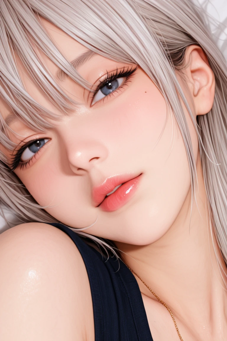 (in 8K, Best Quality, masutepiece:1.2)、超A high resolution, 1girl in,(pubic tattoo,glowing tattoo),Solo, White hair, Short hair, Straight hair, Blunt bangs, grey eyes, , ,, pale skin, Looking at Viewer, Light blush, lightsmile, Head tilt,open mouse,Detailed fingers、Cyberpunk room, , , open mouth