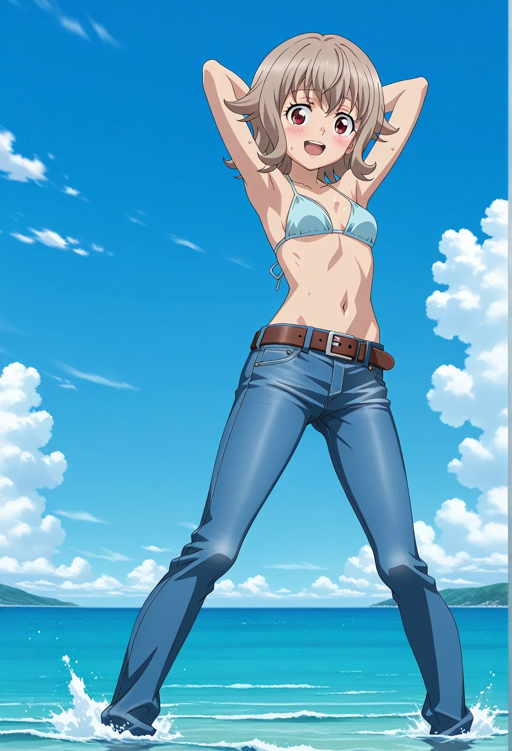 score_9, score_8_up, score_7_up, source_anime, highres, hi res, ((best quality, top quality, perfect quality, Highest Quality, amazing quality)), {{masterpiece}}, {{an extremely delicate and beautiful}}, 2d, intricate details, official style, anime, 8k, anime style, official_anime, official art, digital painting, cell shading, soft shading, high resolution, soothing tones, Subdued Color, Soft cinematic light, adobe lightroom, photolab, HDR, intricately and hyper-detailed, ((high quality animation)), 1 girl, Alone, solo, ((ocean)), tsunami, on the water, day, sunny, outdoors, sky, windy, Atra mixta, Gundam Iron Blooded Orphans, short hair, brown hair, red eyes, anime screencap, small breasts, light blue bikini top, best quality, hyper-detailed jeans, belt, brown belt, ((blue jeans:1.9)), (dark blue jeans:0.6), full medium body, medium shot, Open mouth, smiling, happy face, blush, sweat, standing, ((arms behind head:6.0)), ((perfect arm line:2.5)), bowlegged, natural standing pose, action, looking at viewer, spread legs, Bend knees slightly, straight-on front view