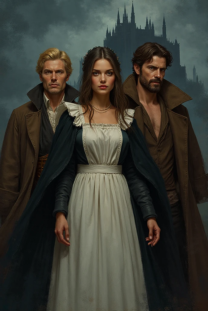 Three men with black hair standing behind blonde woman in white dress 