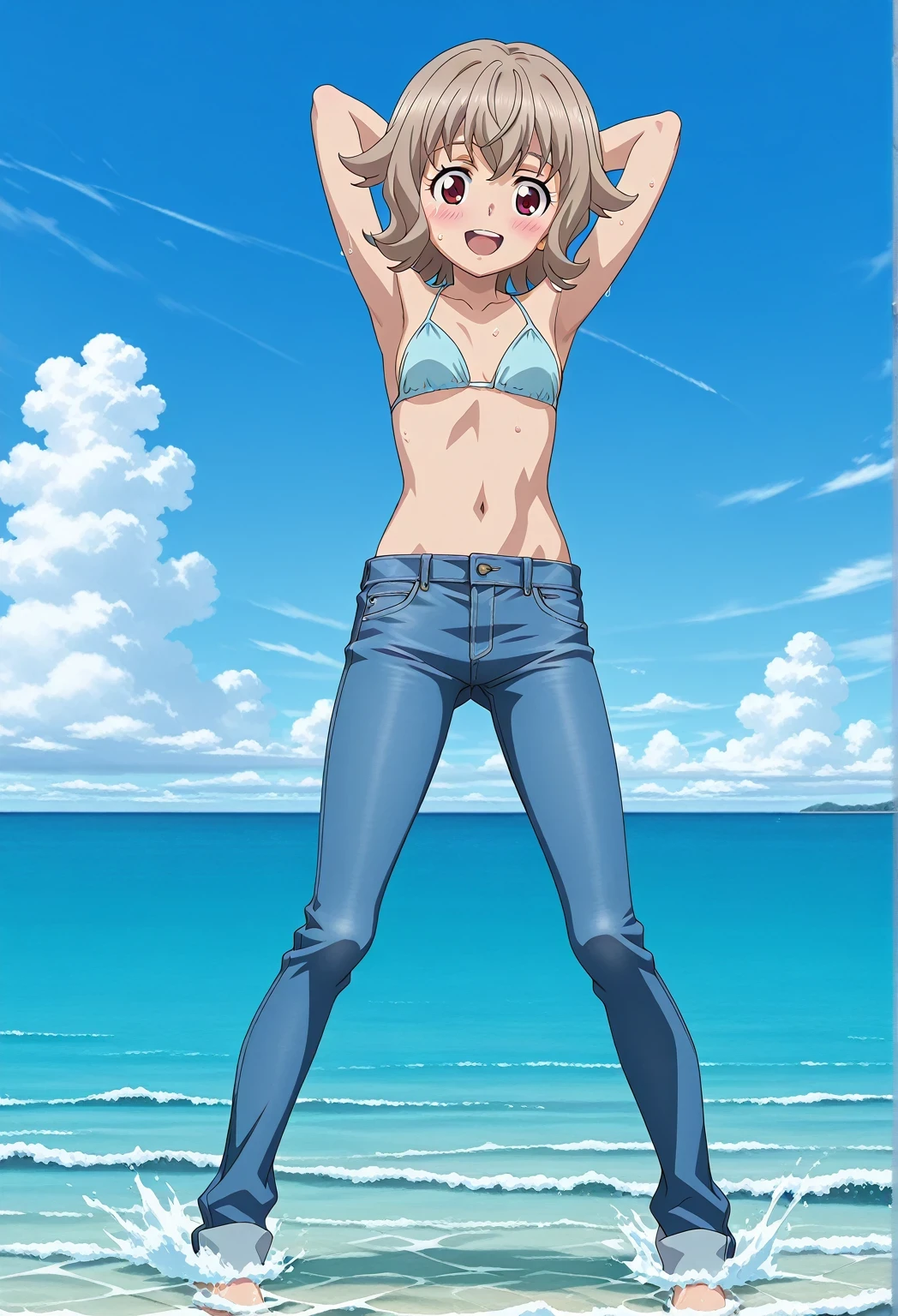 score_9, score_8_up, score_7_up, source_anime, highres, hi res, ((best quality, top quality, perfect quality, Highest Quality, amazing quality)), {{masterpiece}}, {{an extremely delicate and beautiful}}, 2d, intricate details, official style, anime, 8k, anime style, official_anime, official art, digital painting, cell shading, soft shading, high resolution, soothing tones, Subdued Color, Soft cinematic light, adobe lightroom, photolab, HDR, intricately and hyper-detailed, ((high quality animation)), 1 girl, Alone, solo, ((ocean)), tsunami, on the water, day, sunny, outdoors, sky, windy, Atra mixta, Gundam Iron Blooded Orphans, short hair, brown hair, red eyes, anime screencap, small breasts, light blue bikini top, best quality, hyper-detailed jeans, (blue jeans:1.9)), (dark blue jeans:0.6), full medium body, medium shot, Open mouth, smiling, happy face, blush, sweat, standing, ((arms behind head:6.0)), ((perfect arm line:2.5)), bowlegged, natural standing pose, action, looking at viewer, spread legs, Bend knees slightly, straight-on front view