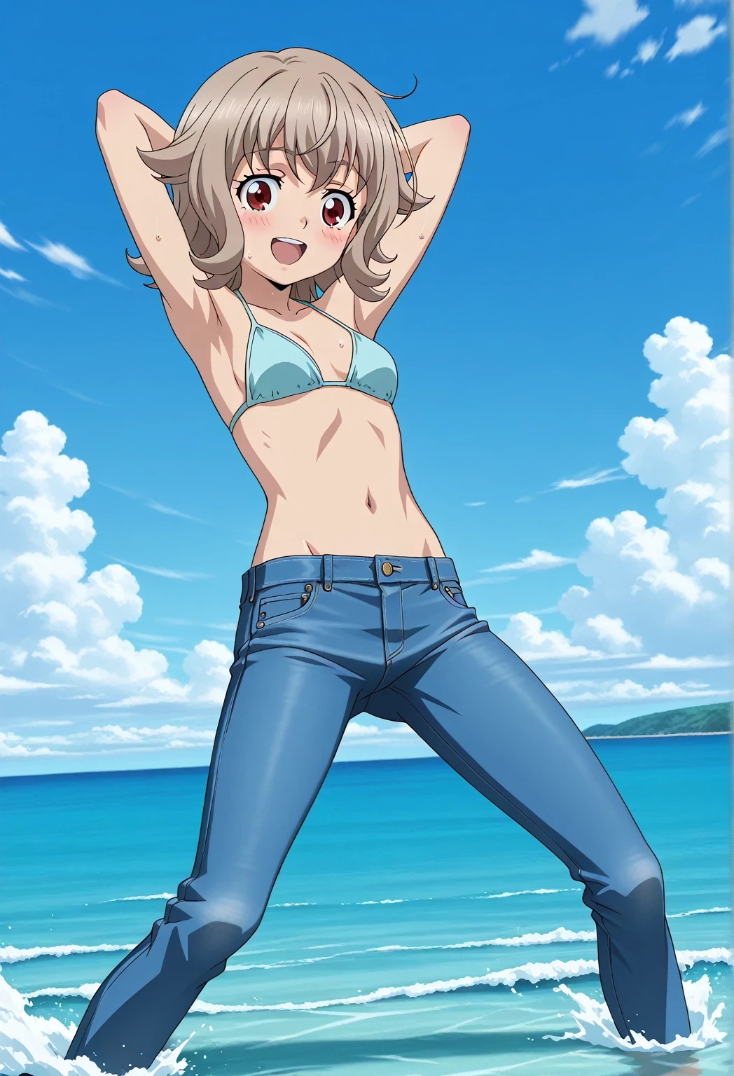 score_9, score_8_up, score_7_up, source_anime, highres, hi res, ((best quality, top quality, perfect quality, Highest Quality, amazing quality)), {{masterpiece}}, {{an extremely delicate and beautiful}}, 2d, intricate details, official style, anime, 8k, anime style, official_anime, official art, digital painting, cell shading, soft shading, high resolution, soothing tones, Subdued Color, Soft cinematic light, adobe lightroom, photolab, HDR, intricately and hyper-detailed, ((high quality animation)), 1 girl, Alone, solo, ((ocean)), tsunami, on the water, day, sunny, outdoors, sky, windy, Atra mixta, Gundam Iron Blooded Orphans, short hair, brown hair, red eyes, anime screencap, small breasts, light blue bikini top, best quality, hyper-detailed jeans, (blue jeans:1.9)), (dark blue jeans:0.6), full medium body, medium shot, Open mouth, smiling, happy face, blush, sweat, standing, ((arms behind head:6.0)), ((perfect arm line:2.5)), bowlegged, jumping pose, action, looking at viewer, spread legs, Bend knees slightly, straight-on front view