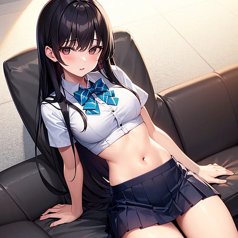 (Masterpiece, top quality, high resolution, realistic photo, realistic looking skin:1.1),
(Woman is sitting on a sofa in an apartment living room:1.5),
(Her skirt is short and her panties are visible: 1.5), 
(She is looking at the viewer from slightly above the front, so you can see her panties: 1.5),
(She has a smiling expression: 1.5),
(She looks a little bit quiet: 1.5), 
(She is wearing a dark blue long-sleeved V-neck knit: 1.8),
(She is wearing a red flared mini skirt: 1.8),
(She is wearing black high socks: 1.8),
(panties are white satin fabric with a glossy look:1.5),
(She has long black hair: 1.5),
(Location: apartment living room sofa:1.5),
1 Japanese girl, solo, full bodied esbian, beautiful eyes, glowing eyes, glowing thighs, ????