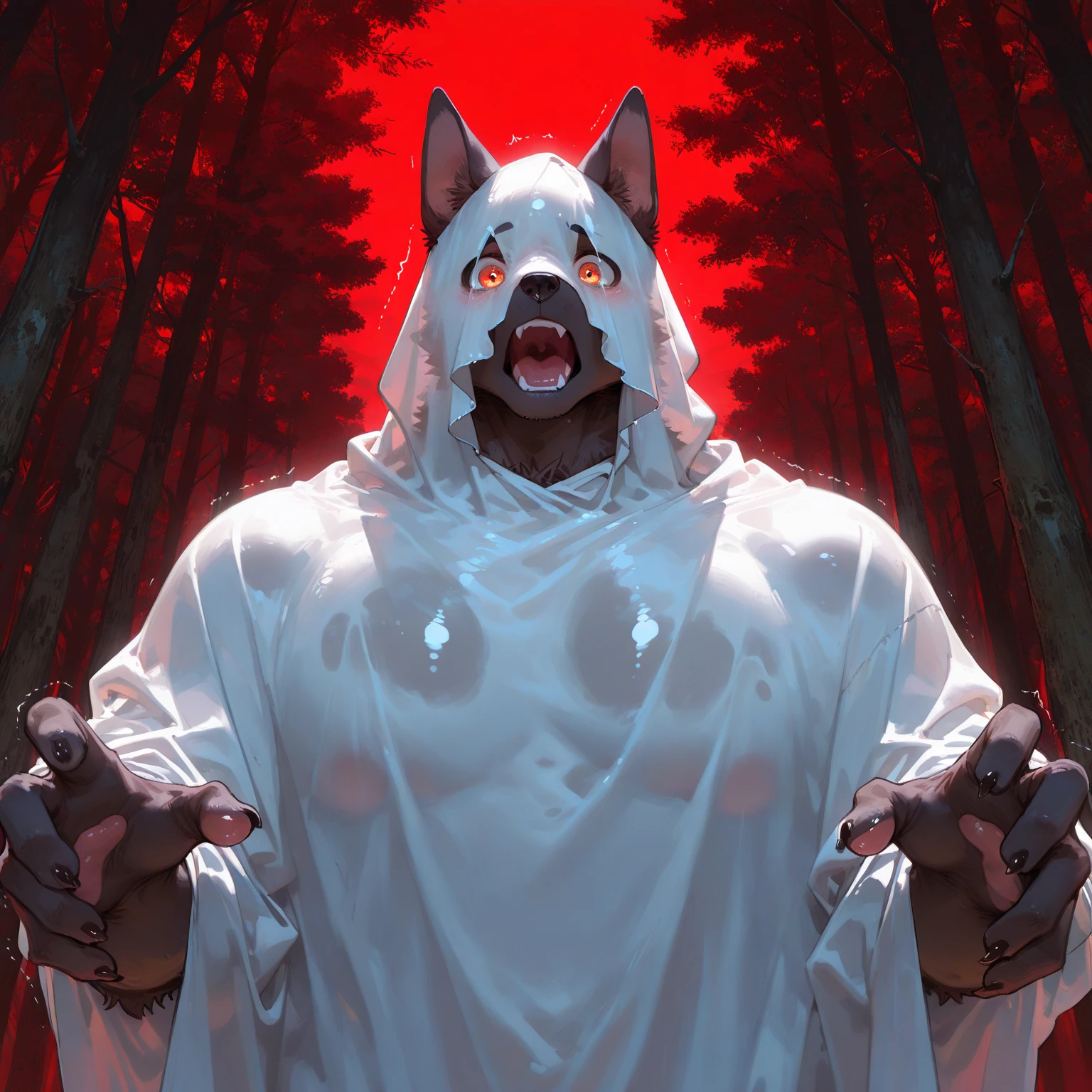 4K best quality, ultra high res, obese 1furry boy， solo，detailed eyes, obese wolf, volumetric lighting, amazing, finely detail, , black cloak  , white fur, red eyes, black sclera, bright pupils, bright atmosphere, fatter, upper body, full moon , red moon , (blood moon), woods in background, night