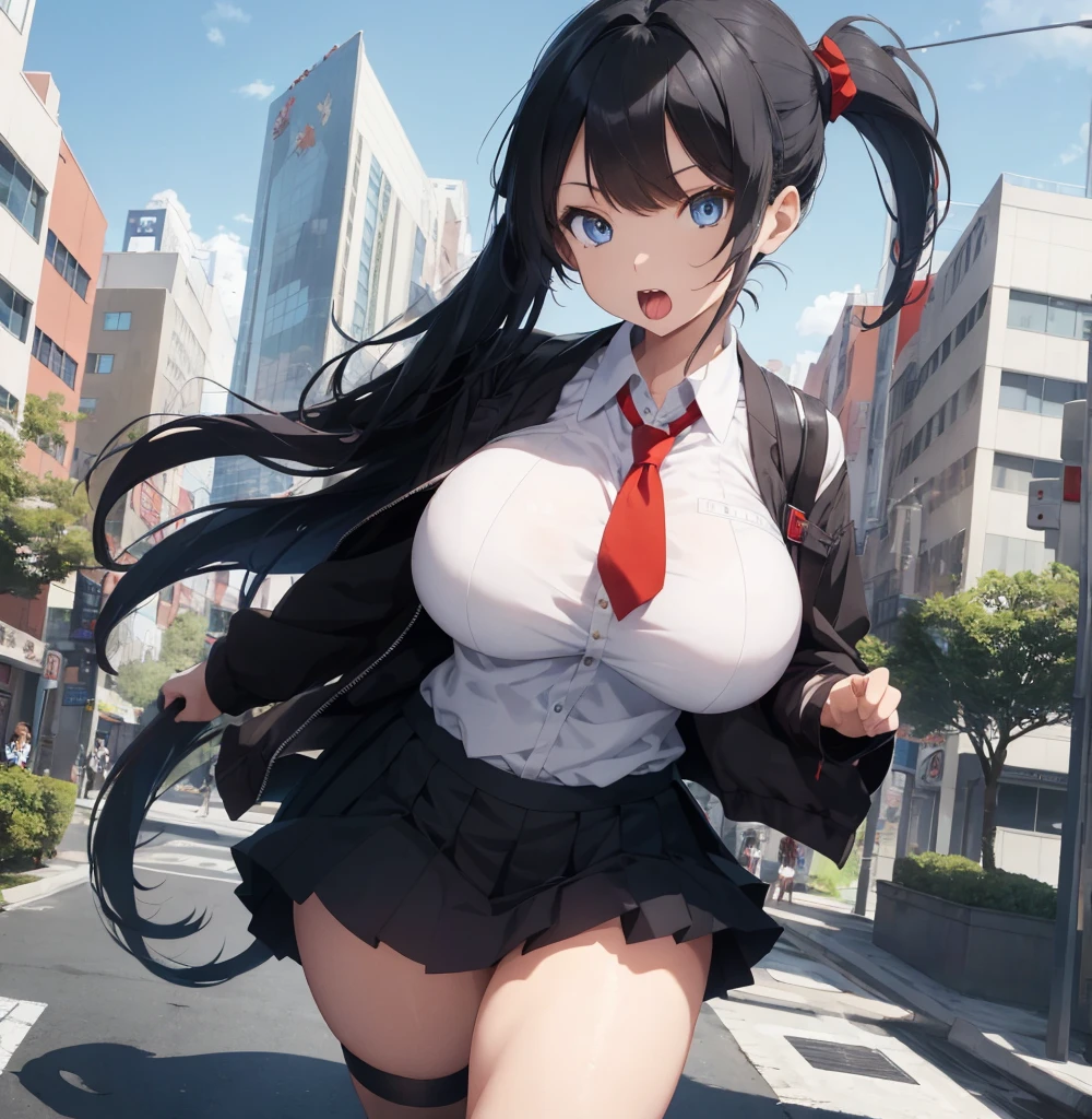 solo, 1 short girl standing, swinging back, long black hair, black eyes, disproportionately , erectile , cleavage, BREAK, , very short black high-waist skirt, black thighhighs, BREAK, blue sky, BREAK, , 