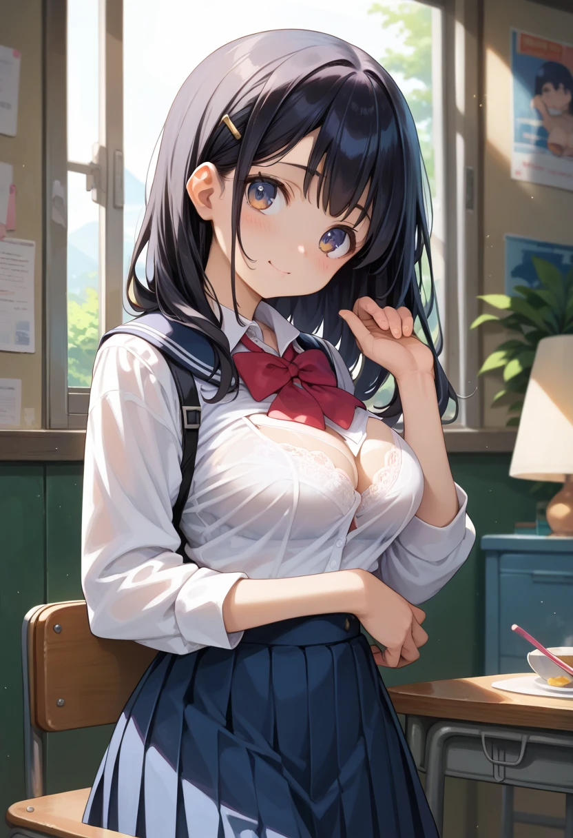 masutepiece,Best Quality,ultra-detailliert,8K,tall,Big female,huge-breasted,(bra wear）,年轻,18 years old,Medium Hair,Wavy Hair,Brown hair,hair clips,lightsmile,blush,tusk, POV, Fisheye,(Panties:1.1), School uniform,(open-shirt）, crass room, From below, Dynamic Angle, School Desk, school chair, Sitting, , Skirt, view through desk, viewed from under desk, lightsmile,