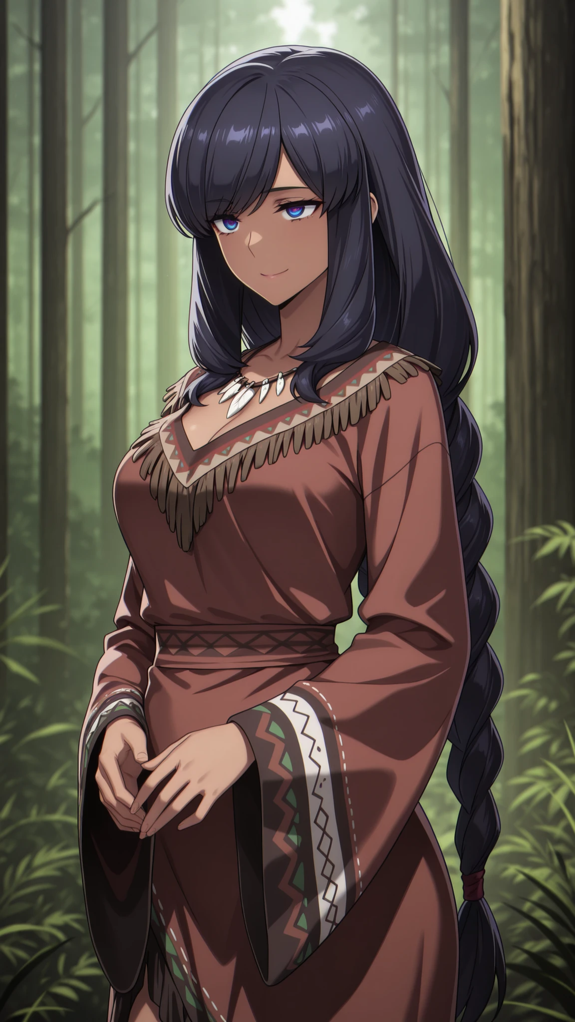 absurdres, (((Ultra HD))), (((Ultra High Quality))), ((hyper detailed)), ((Ultra High Resolution)), (Highly rendered), ((detailed eyes)), (((8K))), ((perfect face)), ((masterpiece)), cinematic, solo, 1girl, tall, tan skin, smile, cowboy shot, yotsuba_maya, very long hair, black hair, blue eyes, swept bangs, sidelocks, ponytail, braided ponytail, mature female, , tribal, tribal dress, native american, tribal necklace, tassels, brown tribal dress, skirt, long sleeves, wide sleeves, forest background 