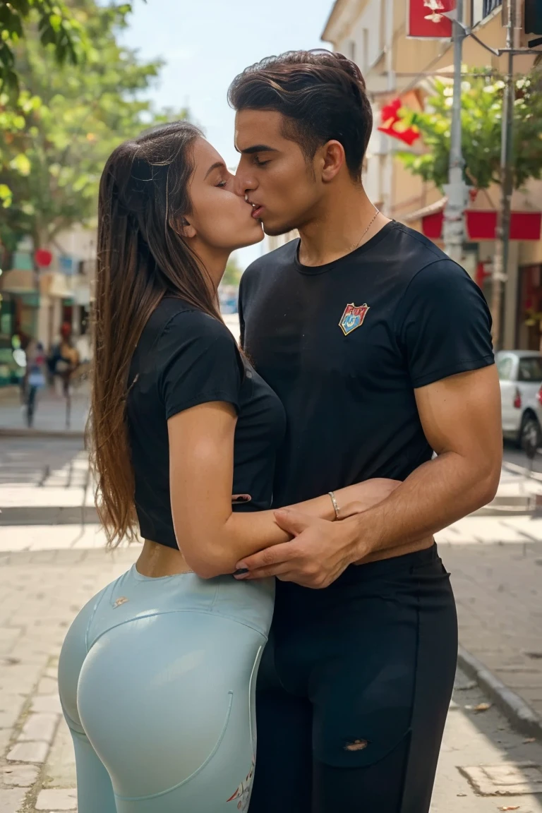 18-year-old white-skinned girl with black hair, a slim complexion with a somewhat large bust, a medium-sized, firm ????, wearing a sweatshirt and jeans in a plaza in Mexico in the rain, having a kiss with a white-skinned boy, with a little belly of 17 years old 1.72m de alto con el pelo ????? corto con una sudadera mojada con la perspectiva de una selfie