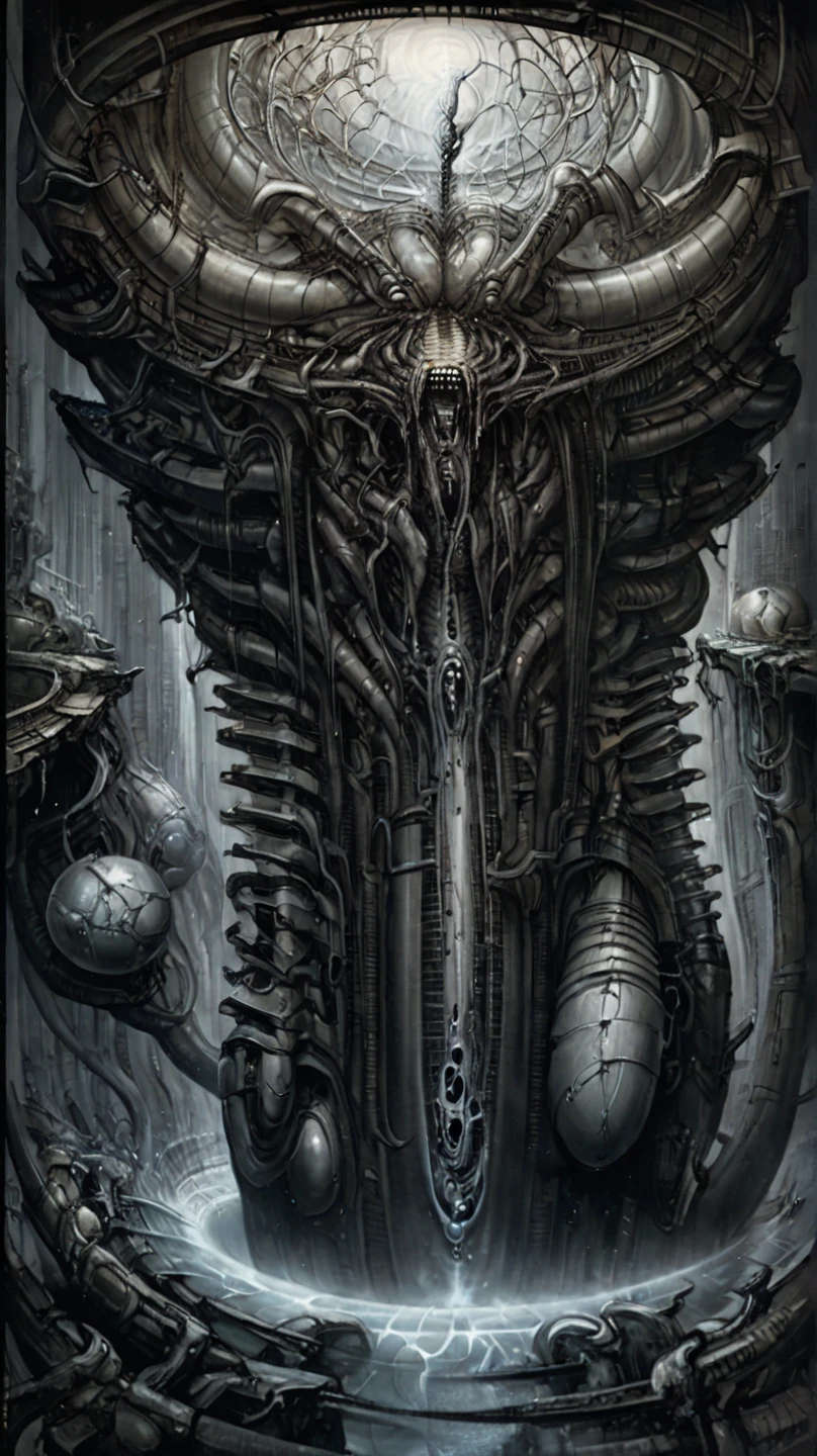 Giger_style, The image is a detailed view of H.R. Giger's Tableau \" Biomechanical Landscape No 312 \" plate.
 The image is a  photograph of a complex, abstract bone and ivory structure that resembles pipes and wires. The structure is composed of numerous pipes and wires intertwining and overlapping each other in a chaotic yet harmonious manner.
The style  is clearly biomechanical. Features combination of organic and mechanical forms. Mechanical elements dominate the background of composition, there are subtle organic hints. The use of undersaturated purple-grays dark contrasts creates a stark and graphic look. Is used a variety of linework techniques to create different textures. Fine, parallel lines create a smooth, metallic texture,while thicker, more cursive lines suggest cables or wires. The artwork is shiny and purplish brown, with an ivory bones prominently displayed. The image is highly detailed and intricate, almost like a 3d version of a medical diagram (detailed view of an  sketch, possibly of a humanoid body, with  organs and bones ). The piece has a thick mechano-organic texture and is covered in fine details. The image has a swirling, organic quality to it. The artistic manner would be unmistakably Gigeresque. A dark and unsettling beauty would permeate the piece, blurring the lines between fascination and repulsion , forever haunted by the grotesque allure. Giger's signature artistic manner would be evident in every stroke. The airbrush would be wielded with masterful precision to create a hyperrealistic yet yet nightmarish aesthetic.
 The texture of ivory with signs of burning and fossilization can be seen in the mix of smooth and rough brushstrokes. By Peter mohrbacher,hrgiger,,HRGigerArhP style,H.G. Giger Style, Biomechanics