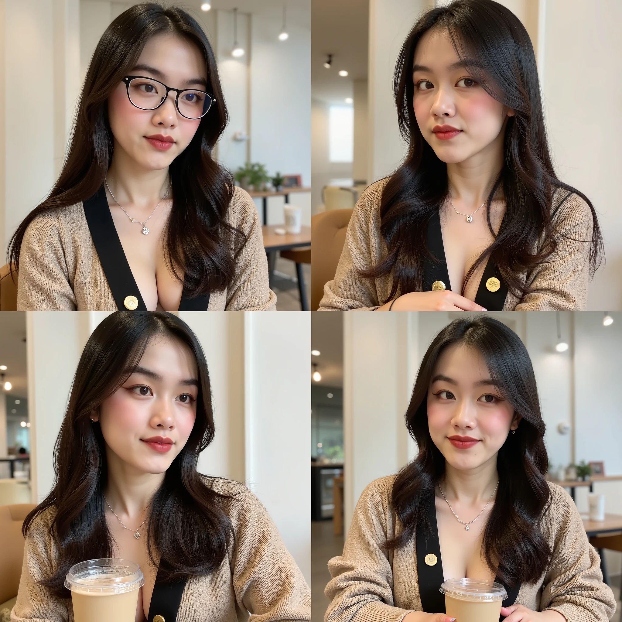 A beautiful young woman sitting indoors at a modern café, captured in a four-photo collage showing different cute and thoughtful expressions. She has long, slightly wavy dark brown hair, styled neatly with a side part. She wears black-rimmed glasses in some shots, highlighting her soft, intelligent look. Her outfit is a light beige knit cardigan with black trim and gold-buttoned front pockets, giving a stylish and elegant appearance. She has natural makeup with rosy lips and a small silver heart necklace resting on her collarbone. In front of her on the table is a plastic cup with a light-colored drink. The lighting is soft and warm, creating a cozy and friendly mood. The background shows a clean, minimalist interior with white walls and diffused ceiling lights, enhancing the relaxed, intimate café vibe. Each pose alternates between playful, pouting, and gently smiling expressions, radiating charm and confidence.