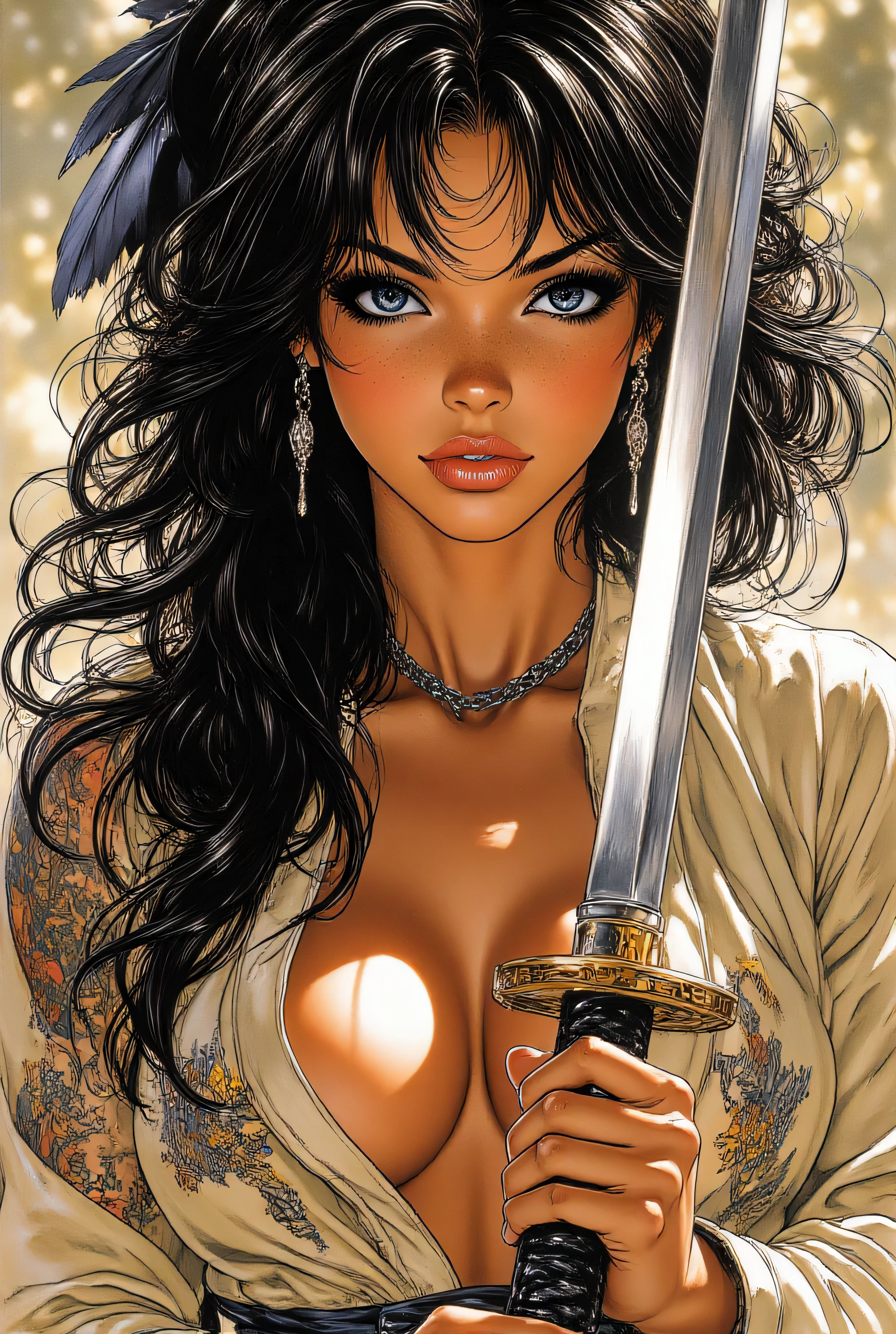 Subject/Composition:
Black and white (monochrome), ultra-detailed, cinematic portrait of:
a beautiful samurai/ninja warrior with piercing blue eyes, intense expression, long flowing black hair. He wears a suede or light beige kimono and low-cut, seductive style. He holds a vertical katana, with the golden knob and the hilt wrapped in black. It is covered with oriental tattoos (dragon, mythological) on the arms, shoulders and chest.
Details: Freckled skin with beads of water/sweat. Heavy, smoky makeup, piercing eyes.
Her expression is a sly, confident smile. Chunky choker/chain necklace and a small dangling earring.
The lighting is dramatic, highlighting the texture of the glossy leather and the dark feathers.
Lighting/Style:
High contrast, dramatic chiaroscuro lighting. Strong single light source casting deep shadows, highlighting muscle tone and texture. Ultra-realistic detail, fine film grain, high sharpness. Tense, humid atmosphere.
Styles/Artists:
Photorealism, Cinematic Lighting, Hyperdetailed, Greg Rutkowski, Artgerm, Loish, Blade Runner, Akira, Ghost in the Shell