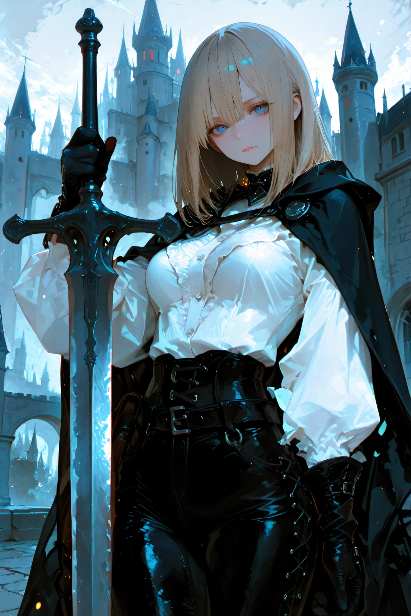 748cmstyle, 1girl, solo, ultrahd, best quality, highres, beautiful eyes, best eyes, good eyes, greatsword, medium hair, dark blonde hair, straight hair, blue eyes, blouse, large swords, black pants, leather pants, medium breasts, frontview, castle, black cape, claymore, cowboy shot, dutch shot, holding sword, leather shoes, full body, large sword, best anatomy, best hands, perfect anatomy, 8k, 4k, ultrahd, majestic, gloves, leather gloves, black gloves, young adult, deadpan expression, dark hair