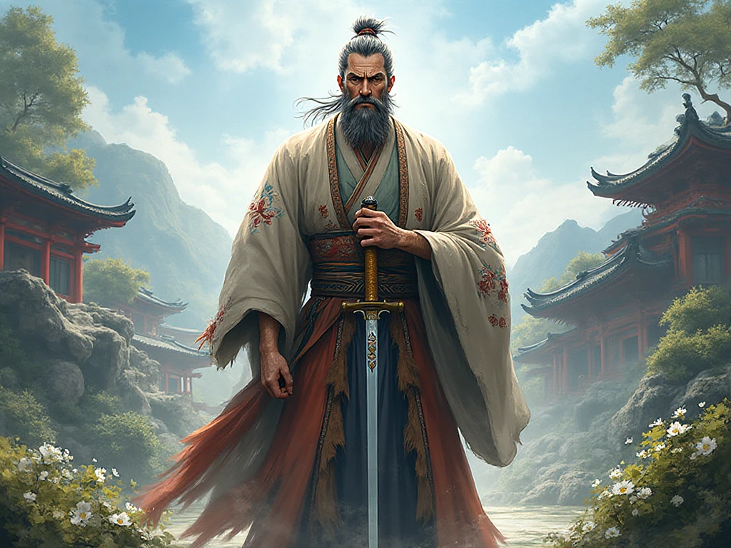 (Masterpiece:1.2), (Best Quality:1.2), (high resolution:1.2), (beautiful face and eye:1.2), (sharpest focus:1.2), (Ultra-realistic Photo:1.2), (Ultra-precise Photo:1.2), (Depth of field:1.2), (perfect :1.2), (nice hands:1.2), 
(perfect hands:1.2), (five fingers:1.2), (Young, fearless, beautiful, shady Chinese man:1.0), (Lonely Chinese warrior with spear:1.0), (Neatly trimmed short beard and tied hair:1.0), (Blazing Chinese period drama style fortress:1.0), 
(long spear with serpentine blade and ornate decoration:1.0), (white tsubakuhiro cap and cloak:1.0), (white armor with red, blue, and yellow coloring:1.0), (snowstorm:1.0), (melancholy expression:1.0), (picturesque standing figure:1.0),