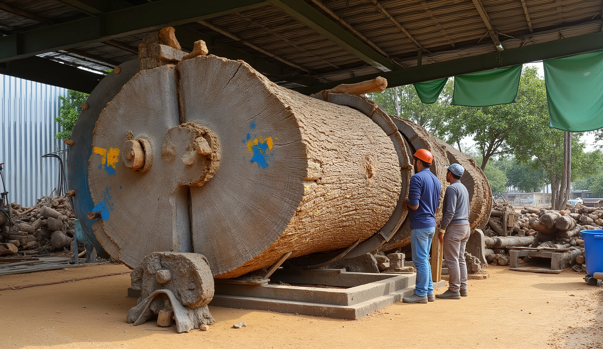 The log in the photo is a large tree trunk, impressively sized, is placed on a solid metal stand in a workshop. The outer shell of the log remains intact, with a rough surface, natural gray-brown, and has small cracks and hand-painted blue and yellow symbols on the body. Two large wheels, of metal and wood, attached to an industrial saw frame above, spinning at high speed, creating fine dust jets flying through the air. Xung quanh, the factory floor covered with light yellow sawdust, showing continuous production. Two men wearing work clothes standing near logs, one man in a blue shirt and the other in a striped shirt, observing or adjusting work. The workshop has a corrugated roof and walls made of gray sheet metal, with natural light shining through the gaps. Back, these loosely hanging green canvas and some trees outside add to the open air of the workspace. Machines and cables scattered everywhere, represents this is a traditional and busy woodworking area.