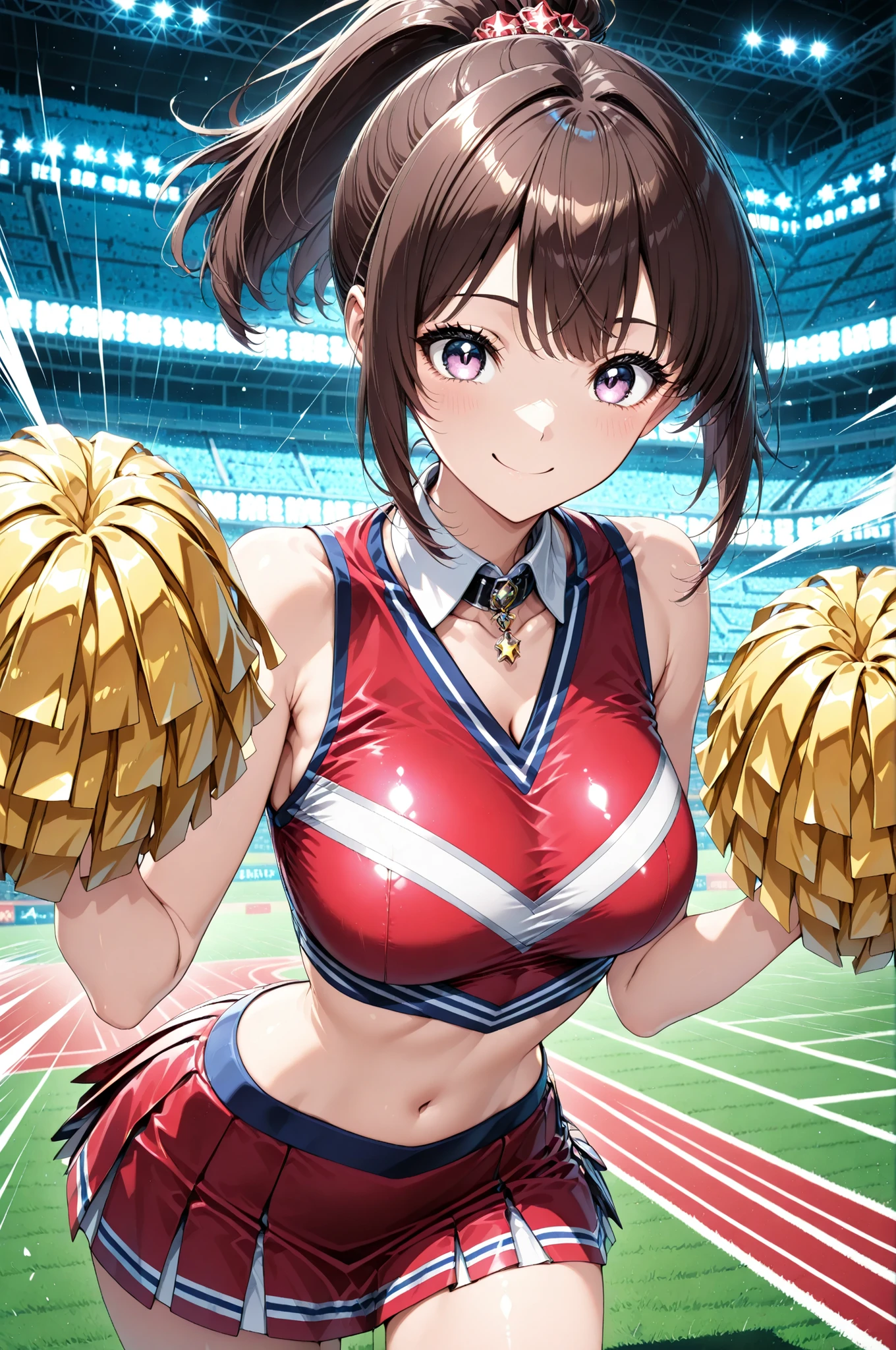 1 Girl, cropped tops, Cheerleader Costume, mini skirt, ponytail, brown hair, Saggy Eyes, Football Stadium:1.2, solo, ((Smile Yan)), 4 fingers:1.2, ((Pom Poms, motion blur, speedline)), Pay attention to light and shadow in every detail, blurred background, (Highest Quality:1.2, 4K, 8k, Very Detailed, attention to detail, masterpiece:1.2, Ultimate aesthetics),