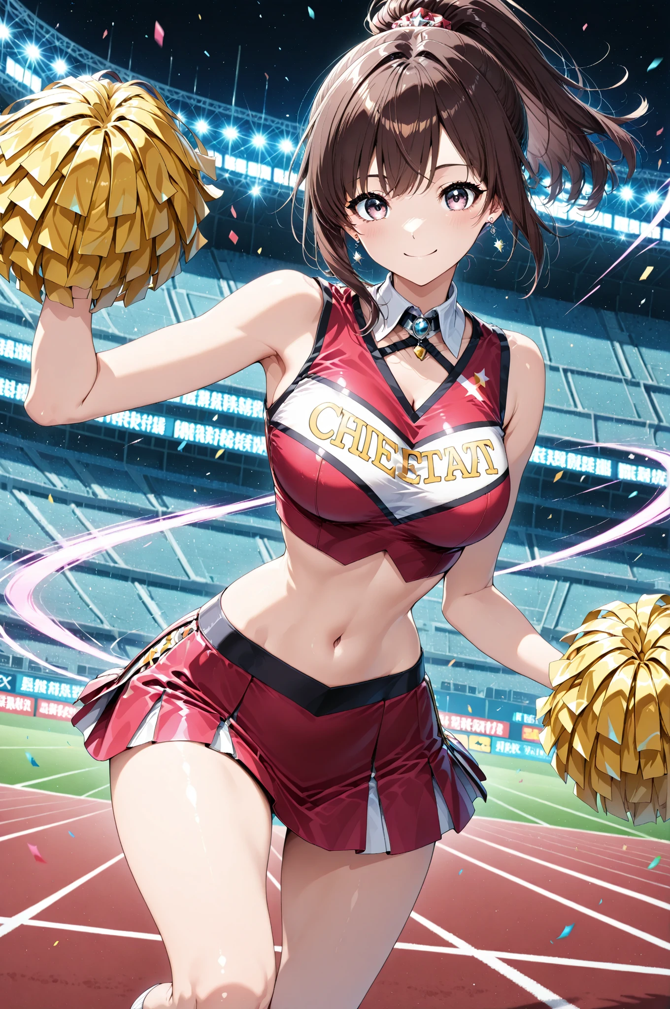 1 Girl, cropped tops, Cheerleader Costume, mini skirt, ponytail, brown hair, Saggy Eyes, Football Stadium:1.2, solo, ((Smile Yan)), 4 fingers:1.2, ((Pom Poms, motion blur, speedline)), Pay attention to light and shadow in every detail, blurred background, (Highest Quality:1.2, 4K, 8k, Very Detailed, attention to detail, masterpiece:1.2, Ultimate aesthetics),