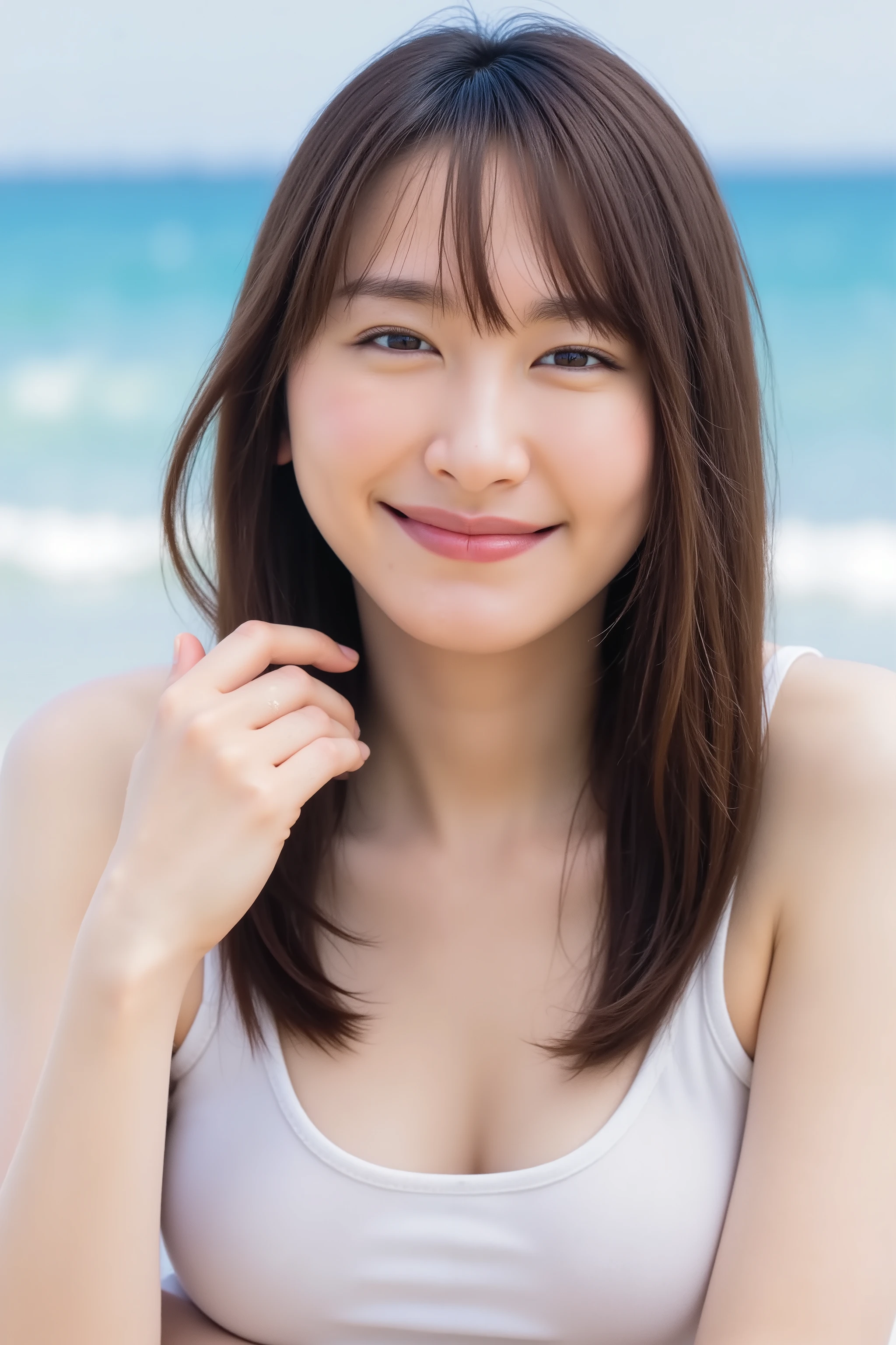 and you can see her beautiful belly button。cute Japanese girl。cute。Full Smile。jet black hair。bangs。very long hair。wearing a white bikini top and denim jeans。viewer。is fine。Bright Natural Light。portrait。High Precision。high image quality。masterpiece。