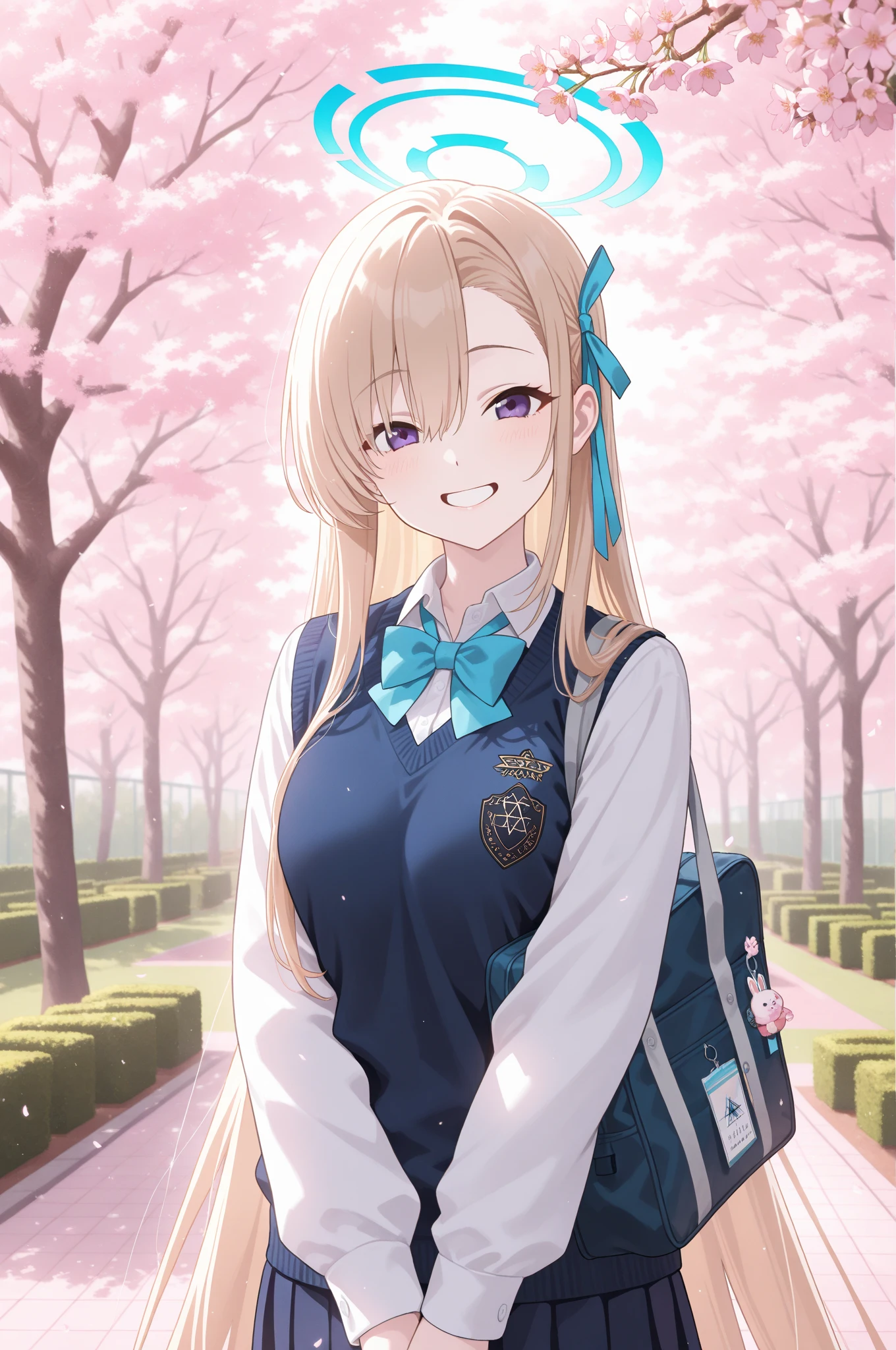 masterpiece, best quality, highres, Heanna Sumire, 1girl, hairband, long hair, 1girl, solo, white thighhighs, , red ribbon, neck ribbon, grey dress, blue jacket, , blunt bangs, pinafore dress, white shirt, long sleeves, collared shirt, , standing, cowboy shot, smile, open mouth, leaning forward, outdoors, cherry blossoms,