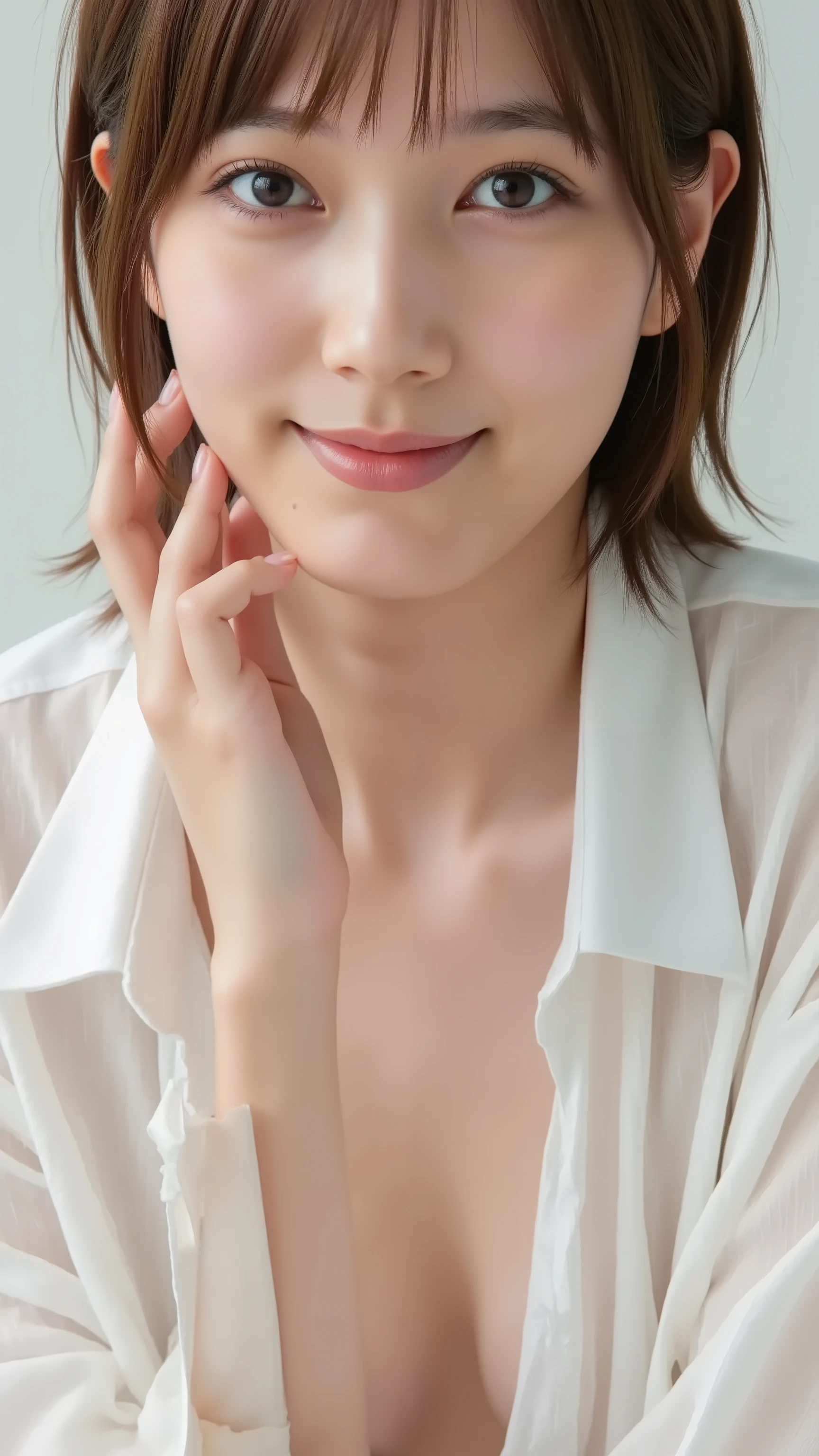 and high precision。masterpiece。Between、交差点にstandingうつぶせに横たわっている美しい日本人女性。 Front Map。jet black hair。loose, collar while naked and unbuttoned。buttoned business shirt standing at an intersection。(Unbuttoned :1.3)。(no bra:1.3)。波打ち際にstanding。viewer。( leaning forward:1.3)。put your hands on both knees。smile。Pure white teeth。camera。standing。chest。chest Valley。chestの間。