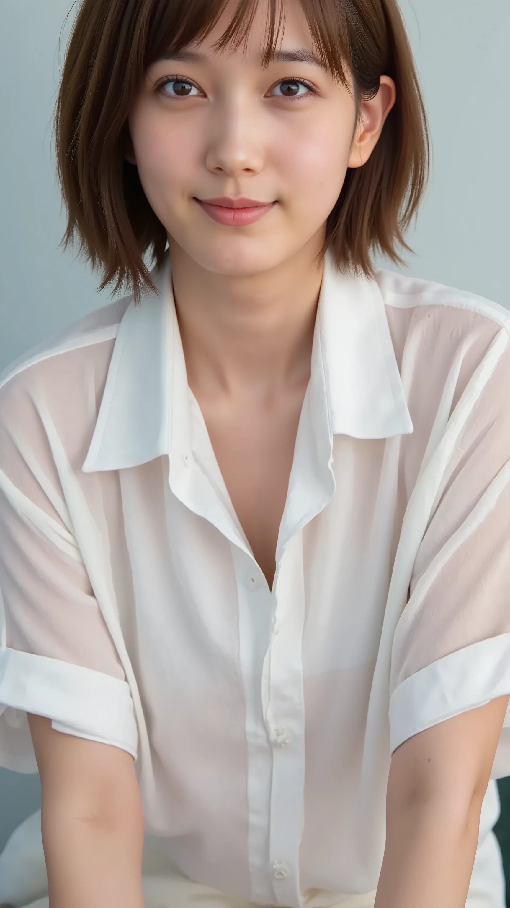 and high precision。masterpiece。Between、交差点にstandingうつぶせに横たわっている美しい日本人女性。 Front Map。jet black hair。loose, collar while naked and unbuttoned。buttoned business shirt standing at an intersection。(Unbuttoned :1.3)。(no bra:1.3)。波打ち際にstanding。viewer。( leaning forward:1.3)。put your hands on both knees。smile。Pure white teeth。camera。standing。chest。chest Valley。chestの間。