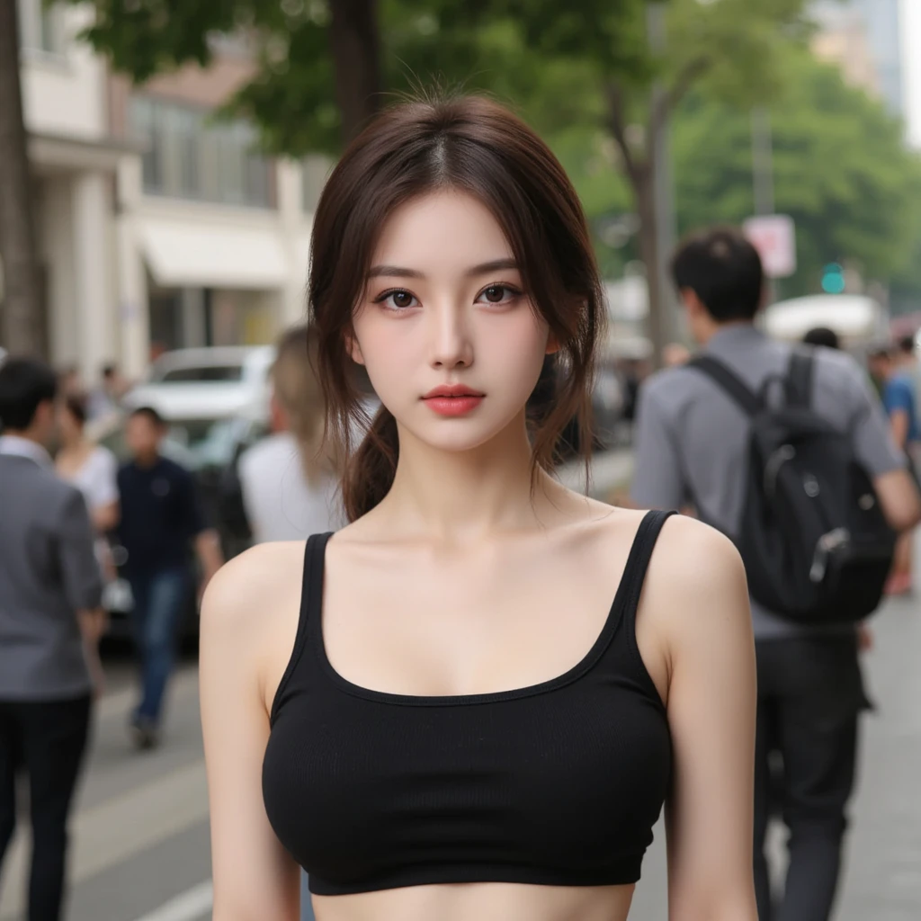 ((Realistic lighting, Best Quality, 8K, Masterpiece: 1.3)), Focus: 1.2, 1girl, Perfect Beauty: 1.4, Slim Abs: 1.1, ((Dark brown hair)), (Black dress: 1.4), (Outdoor, Night: 1.1), City streets, Super fine face, Fine eyes, Double eyelids,