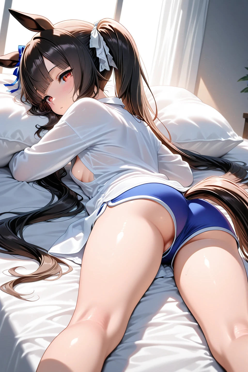 satono diamond \(umamusume\), (grabbing another's ???:1.3), detailed face, (happy:1.3), (lying on:1.3), on the bed, ???????? , (excessive ???:1.3) , (after ???:1.3), long ?????, ???????????, (??? ???????????:1.3), (perspired:1.4), drooling, round ???, sweat, (????? line:1.3), top-down bottom-up, (grab ???:1.3), ????? in ??? , ??? on body