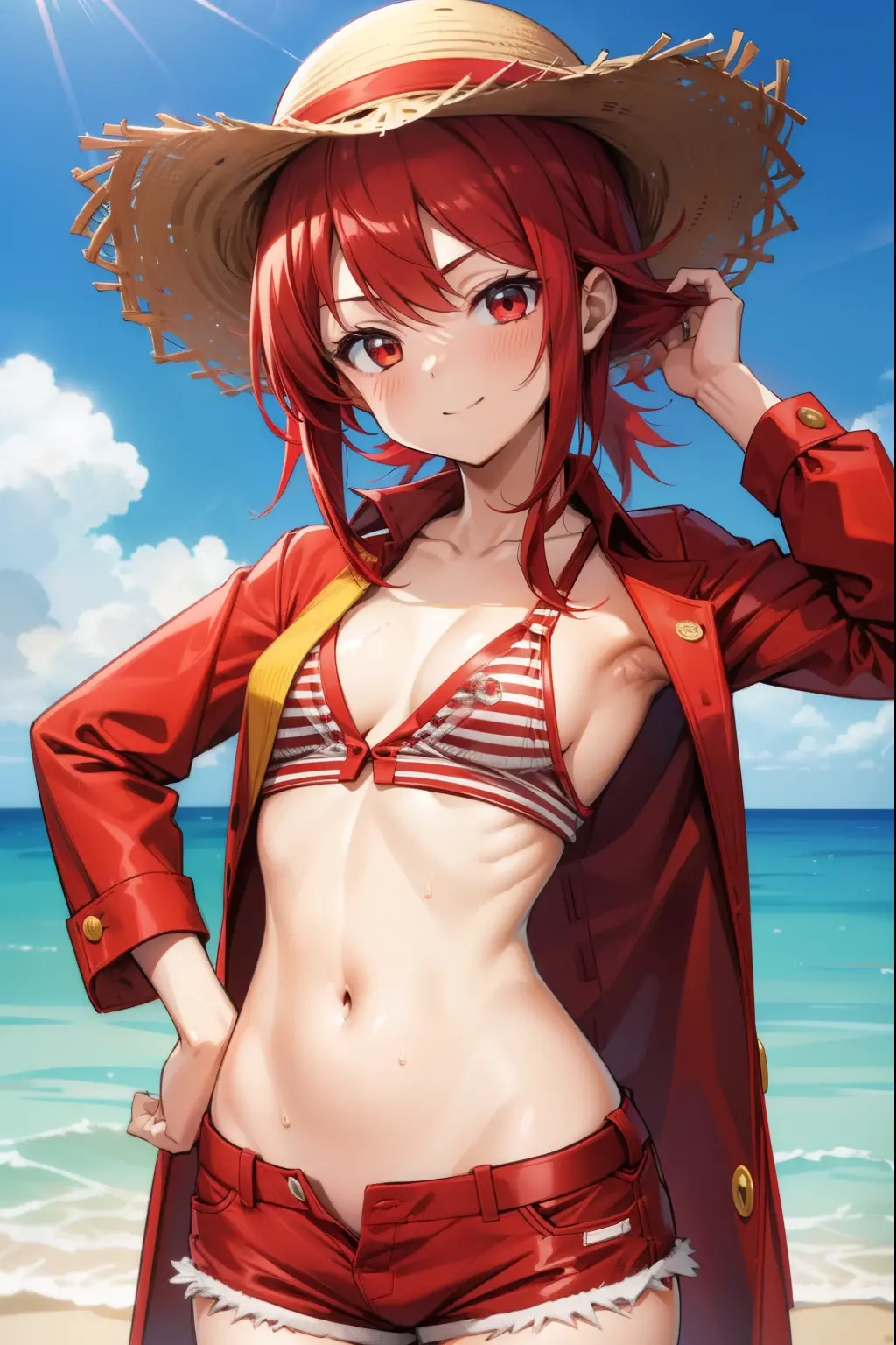 A cute girl , red hair , wearing a straw hat with a red stripe, a red ?????????? with yellow buttons , and short shorts, ???? body, ????,