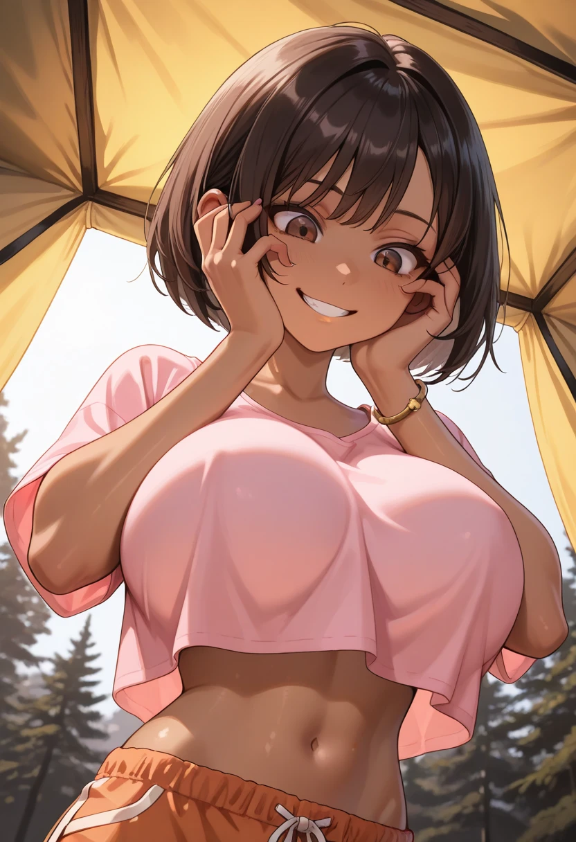 1_Kizi, ssmile, two tone skin, oGood de arte, better_品質, gazing_phi_viewer, long_hip, (gargantuan_breastsout), (Ephirme_breastsout), ( botch:0.5), Good, Shorts, bra, knickers, , bed-in_hall