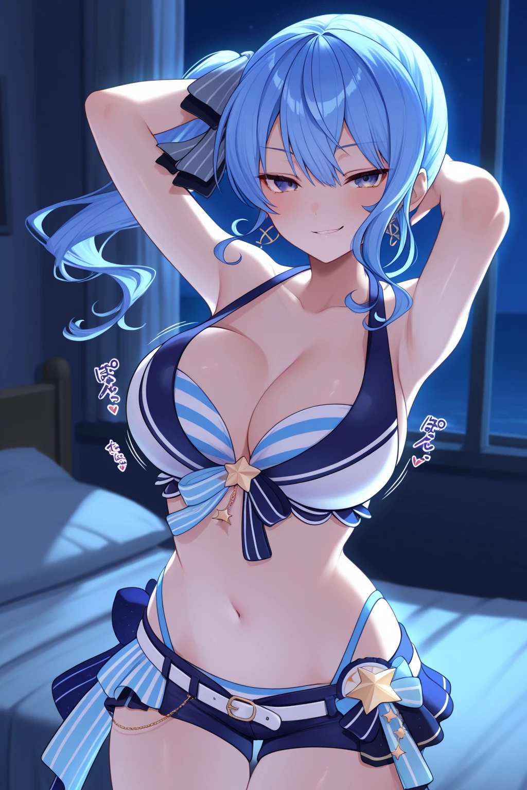 (((Highest quality, High resolution, Pixel perfect, 4K,Beautiful Anime Girls,Smooth Skin,Glowing Skin,Soft Skin,))),(((Sinon)))((Bedroom,Captivating smile,Shortcuts,hair ornaments,White super micro ??????,???????,White knee-high socks)),((front,Put your arms behind your head to expose your armpits,Spread your legs,Squat,Focus on the ?????,???????????を強調,Hair between the eyes,???????????,Saggy ???????,Cleavage,))