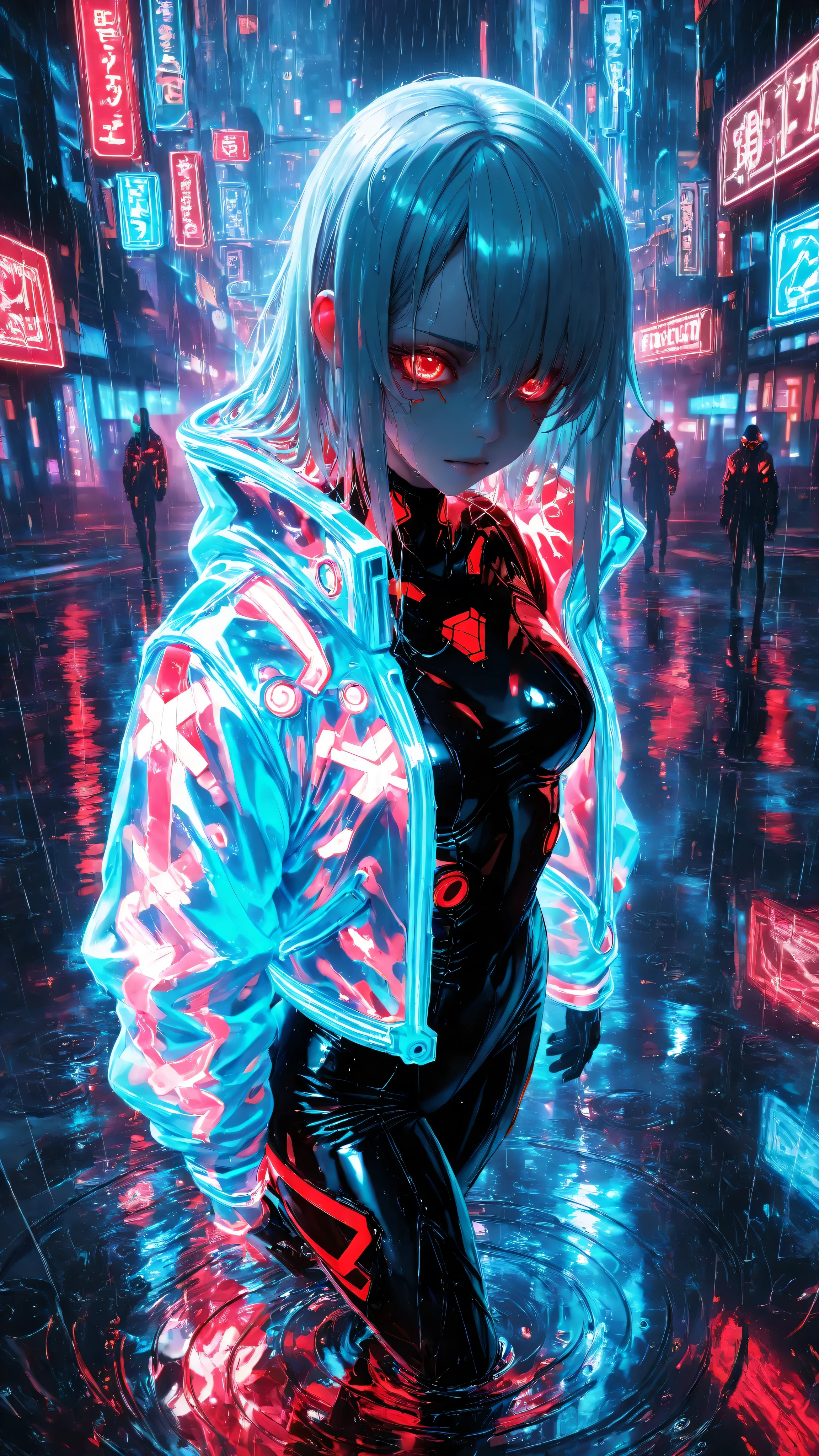 masterpiece, best quality, 8K, absurdres, intricate details, sharp focus,
(1girl:1.2), (cyberpunk:1.3), sci-fi, solo,
(beautiful detailed face:1.3), (glowing red eyes:1.2), silver hair, wet hair,
(black latex bodysuit:1.2), (glowing neon jacket:1.1),
standing in a (neon city at night:1.2), (rain:1.3), wet, puddles, (reflections:1.3), neon signs, dark atmosphere,
glow_style, high contrast, vibrant colors, glowing, cinematic lighting