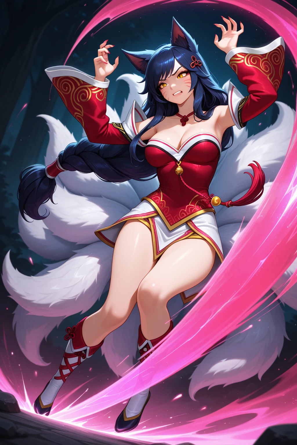ahri, ahri_\(league_of_legends\), 1girl, absurdres, animal_ears, black_hair, , detached_sleeves, distr, facial_mark, fox_ears, fox_tail, hand_up, highres, large_breasts, league_of_legends, long_hair, long_sleeves, looking_at_viewer, magic, multiple_tails, orange_eyes, parted_lips, solo, standing, standing_on_one_leg, tail