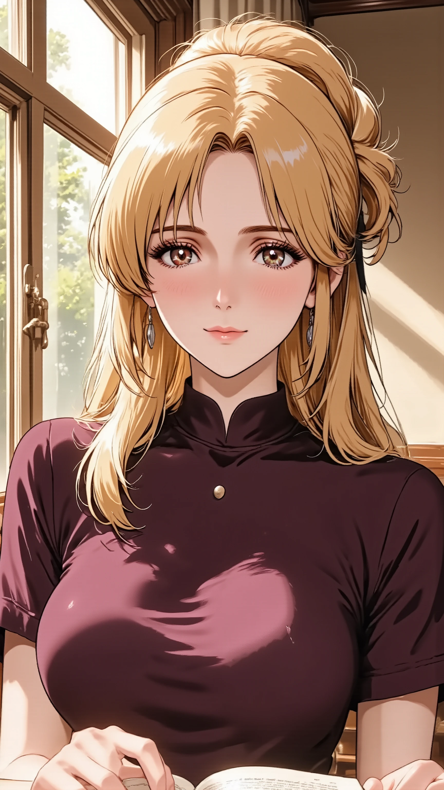 An anime woman, A mature 30s woman, a wife and mother, exuding adult charm, in a stylish yet modest midi dress. She has natural and correct anatomy, including her hands and feet. She is in a full-body seated pose at a quiet cafe table, deeply engrossed in a book, occasionally glancing up with a thoughtful, composed expression towards the camera. She has a chic, sophisticated updo and classic, sophisticated makeup with a matte berry lip. Shot at a respectful, eye-level angle.