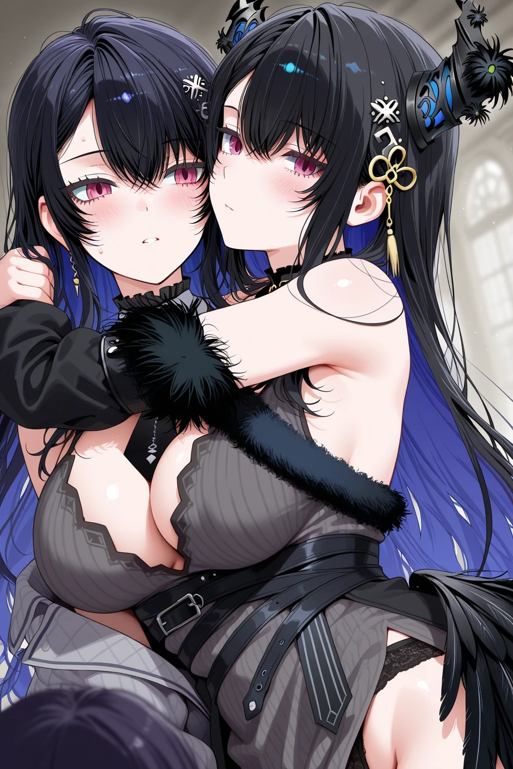 ((Highest quality))、((masterpiece))、(detailed)、((Anatomically correct))、(High resolution、8k)、Two Women、(Rubbing  from behind)、Half-closed eyes、cowboy shot、 (Beautiful Eyes:1.2)、Gothic dresses in different colors、Gorgeous garden with blooming flowers、Petals fluttering、Blue sky、F Cup、Slipping、Nipples、(Both of them have their  out)