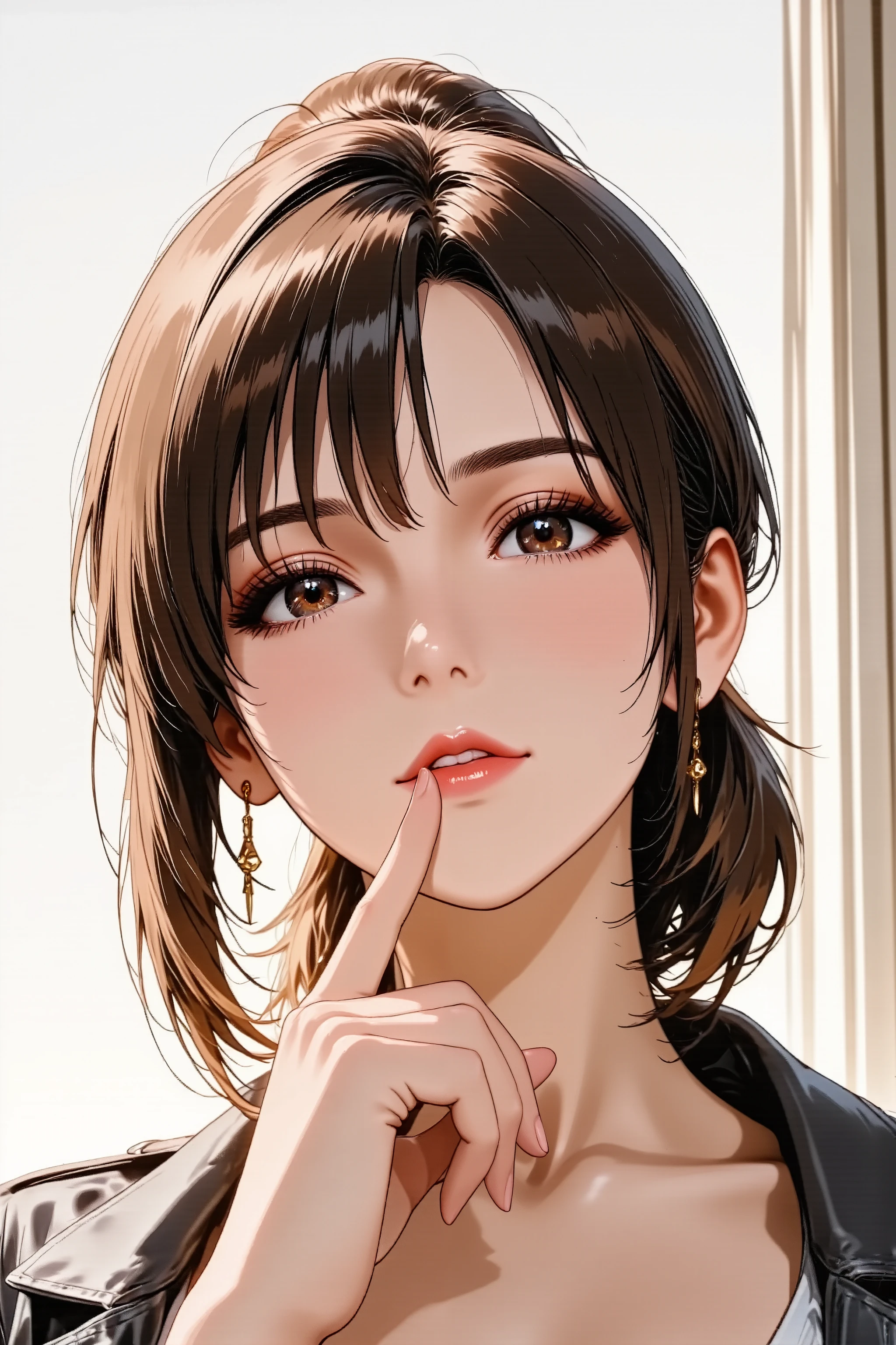 Anime style illustration, best quality, ultra detailed, sharp focus, high contrast, clean lines, Eye-level shot, thigh-up portrait, slightly angled view, A cool woman, intense gaze, strong contouring makeup, defined eyebrows, bold red lipstick, perfect 5-fingered hands, slender fingers, good hand anatomy, standing tall, confident posture, Wearing a tailored jacket, sleek ponytail, statement necklace, minimalist studio background, hard light, shadow play