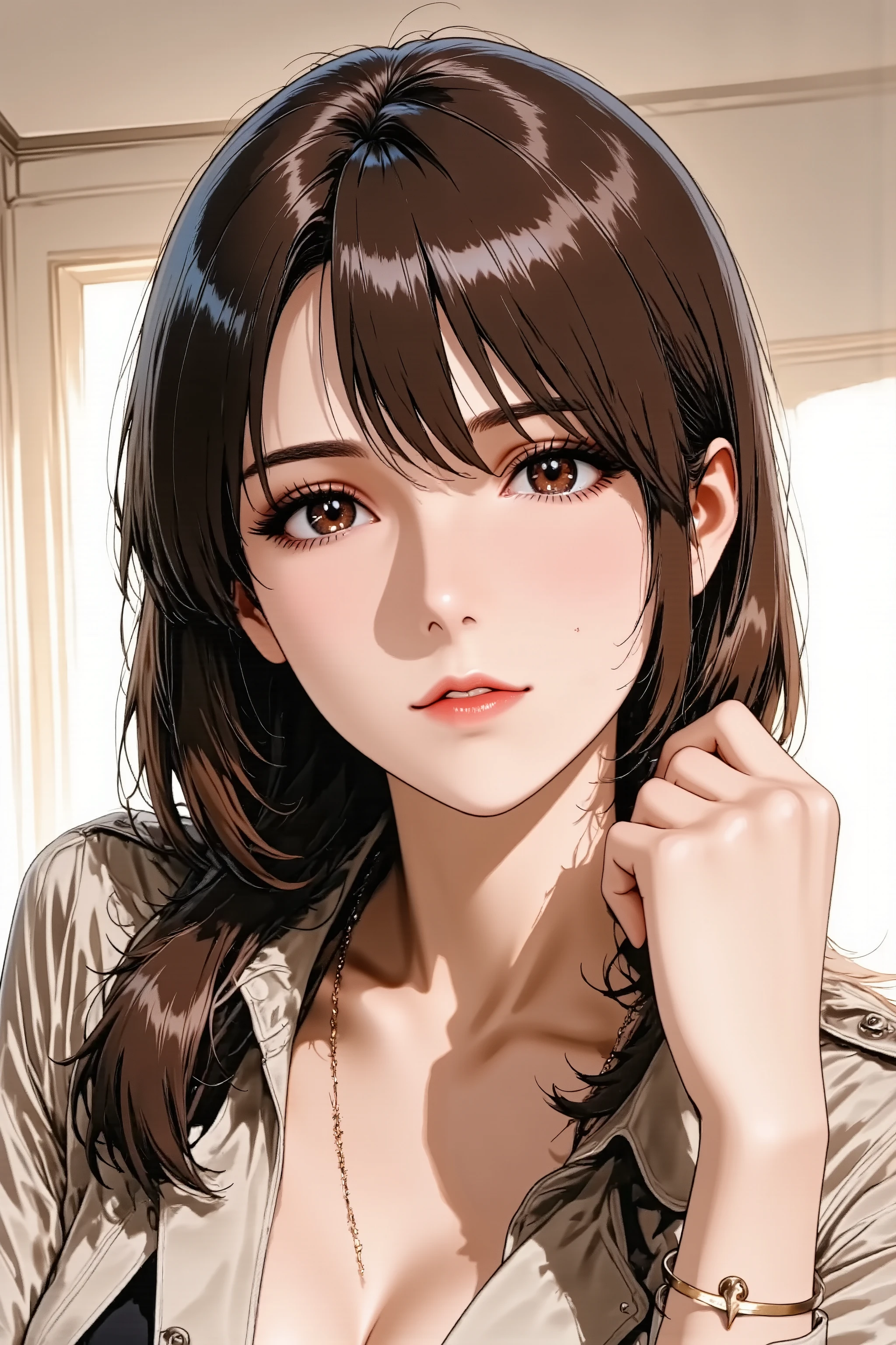 Anime style illustration, best quality, ultra detailed, sharp focus, high contrast, clean lines, Eye-level shot, thigh-up portrait, slightly angled view, A cool woman, intense gaze, strong contouring makeup, defined eyebrows, bold red lipstick, perfect 5-fingered hands, slender fingers, good hand anatomy, standing tall, confident posture, Wearing a tailored jacket, sleek short bob hair, statement necklace, minimalist studio background, hard light, shadow play