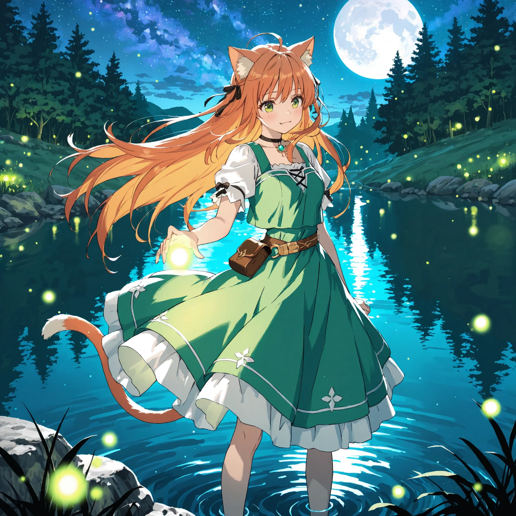 masterpiece, best quality, very aesthetic, absurdres, kanade-default, green eyes, orange hair, long hair, animal ears, hair ribbon, fang, a cat tail, standing by the moonlit lake, silver moon reflection on water, gentle night breeze, glowing fireflies, soft mist, serene atmosphere, fantasy night, calm expression, detailed background, cinematic lighting, tranquil mood