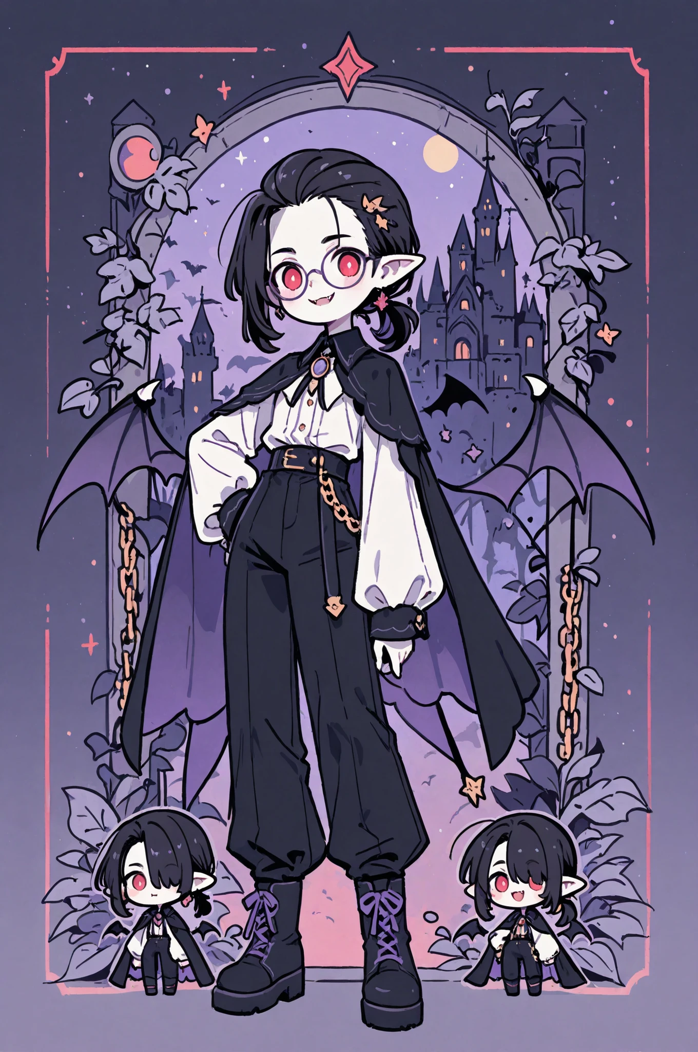 (novuschroma15 style,)(Chibi) Young vampire gentleman. He has white skin, an athletic, masculine build, and pointed ears. He has toothy smile (vampire fangs). He has red eyes. (He has pitch-black shoulder-length hairstyle , his black hair was pulled back in a low ponytail, with bangs over eye.) He wears round glasses with silver frames and chain accessories. He is wearing a loose-fitting white blouse, frill, and poet's sleeves. She wears black leather trousers with lacing on the sides. Hip-high black boots. A black vampire cape with a red lining and a silver brooch with bat wings. He has black claws and silver rings with rubies. (In the background:a moonlit starry night in Gothic castle overgrown with ivy. Bats are flying in the sky.)