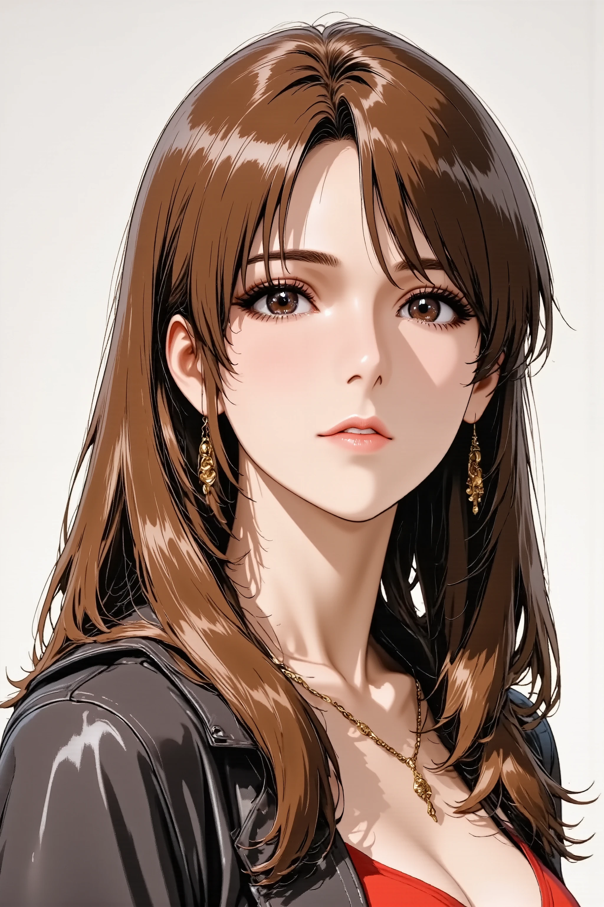 Anime style illustration, best quality, ultra detailed, sharp focus, high contrast, clean lines, Eye-level shot, thigh-up portrait, slightly angled view, A cool woman, intense gaze, strong contouring makeup, defined eyebrows, bold red lipstick, perfect 5-fingered hands, slender fingers, good hand anatomy, standing tall, confident posture, Wearing a tailored jacket, sleek long hair, statement necklace, minimalist studio background, hard light, shadow play