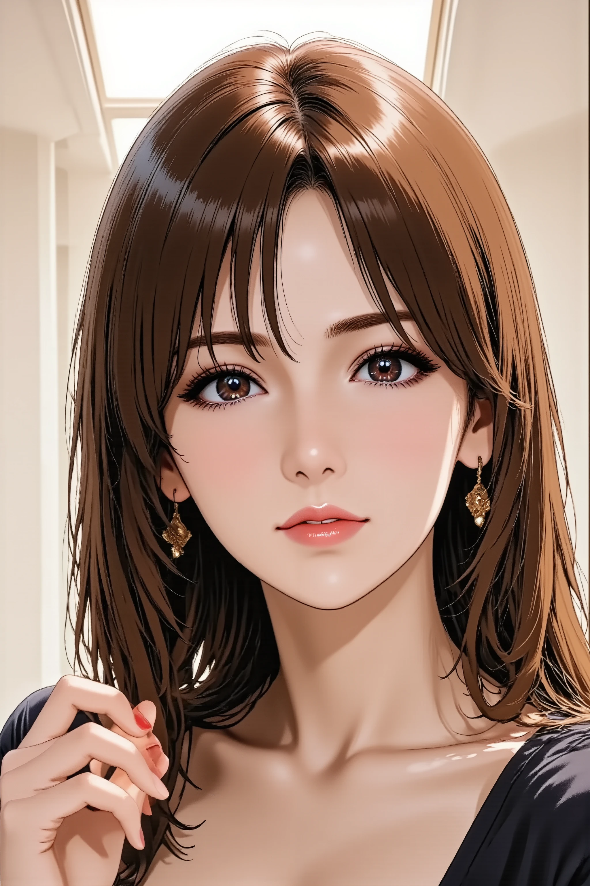 Anime style illustration, best quality, ultra detailed, sharp focus, high contrast, clean lines, Eye-level shot, thigh-up portrait, slightly angled view, A cool woman, intense gaze, strong contouring makeup, defined eyebrows, bold red lipstick, perfect 5-fingered hands, slender fingers, good hand anatomy, standing tall, confident posture, Wearing a tailored jacket, sleek long hair, statement necklace, minimalist studio background, hard light, shadow play