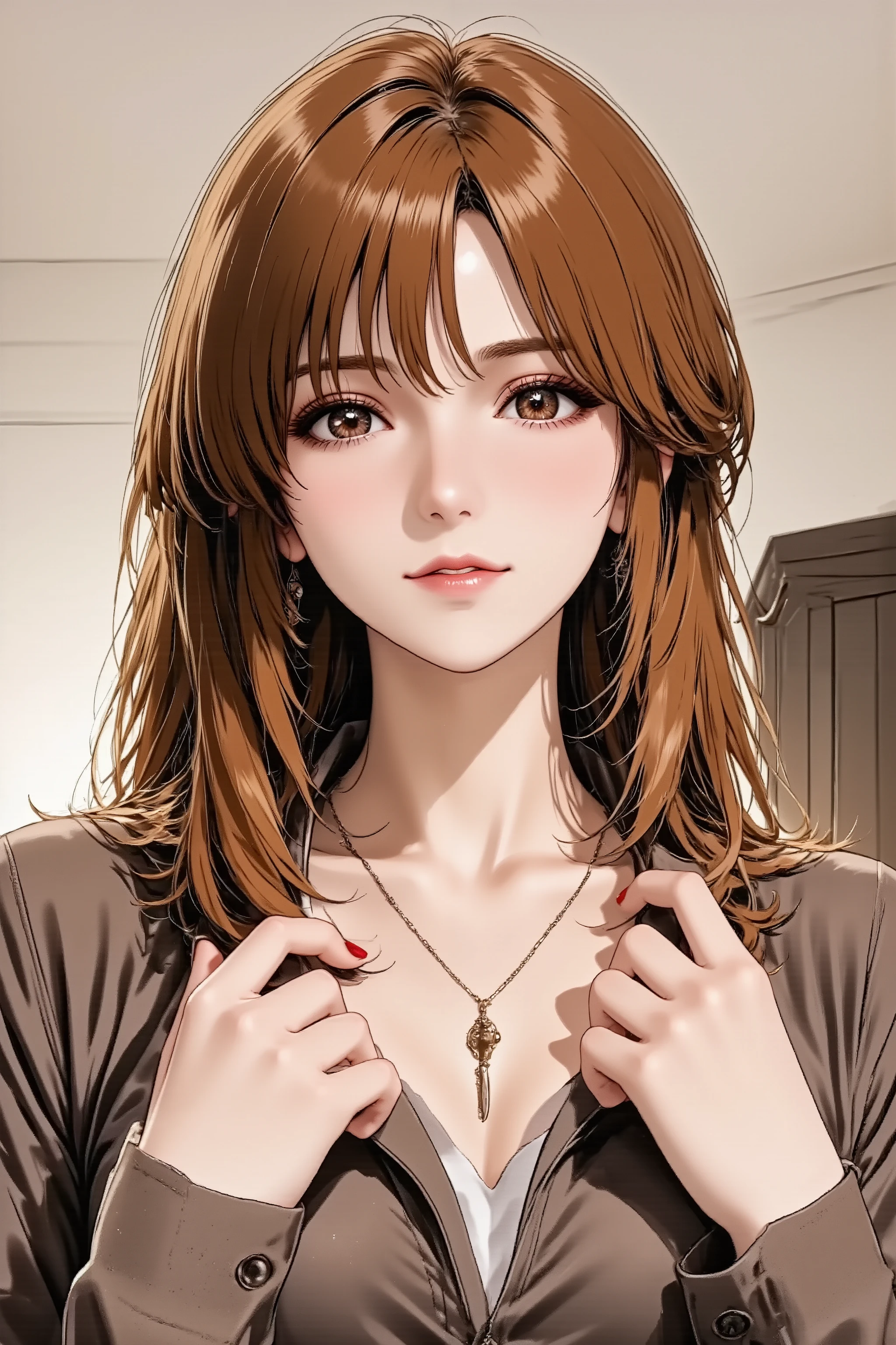 Anime style illustration, best quality, ultra detailed, sharp focus, high contrast, clean lines, Eye-level shot, thigh-up portrait, slightly angled view, A cool woman, intense gaze, strong contouring makeup, defined eyebrows, bold red lipstick, perfect 5-fingered hands, slender fingers, good hand anatomy, standing tall, confident posture, Wearing a tailored jacket, sleek long hair, statement necklace, minimalist studio background, hard light, shadow play