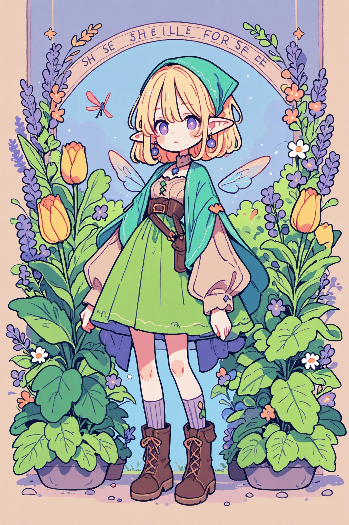 (novuschroma15 style,)(Chibi) Tooth faèrie princess. She has tall, thin miniature physique. She has holographic dragonfly wings. She has pale ivory skin and long pointy elf ears. Her eyes are sky-blue. She has long golden-blonde ringlet loose hairstyle decorated with wildflowers. She is dressed in fantasy medieval style: She wearing a vintage lace undergarment over it a knitted beige top with long elvish sleeves. She's wearing a brown leather corset-belt. She wears a marsh-green long tulip skirt. She's wearing striped beige tattered knee socks, and ankle-high chunky brown lace-up boots decorated with daisies, cornflowers, lavender. She wears earrings and a pendant with blue crystal beads. She wearing a green shawl and a head kerchief (headscarf) with nature ornament. (On the background: The small two-storey overgrowth with multicolored flowers cottage in the style of fantasy, hedge of climbing plants wild grapes.)