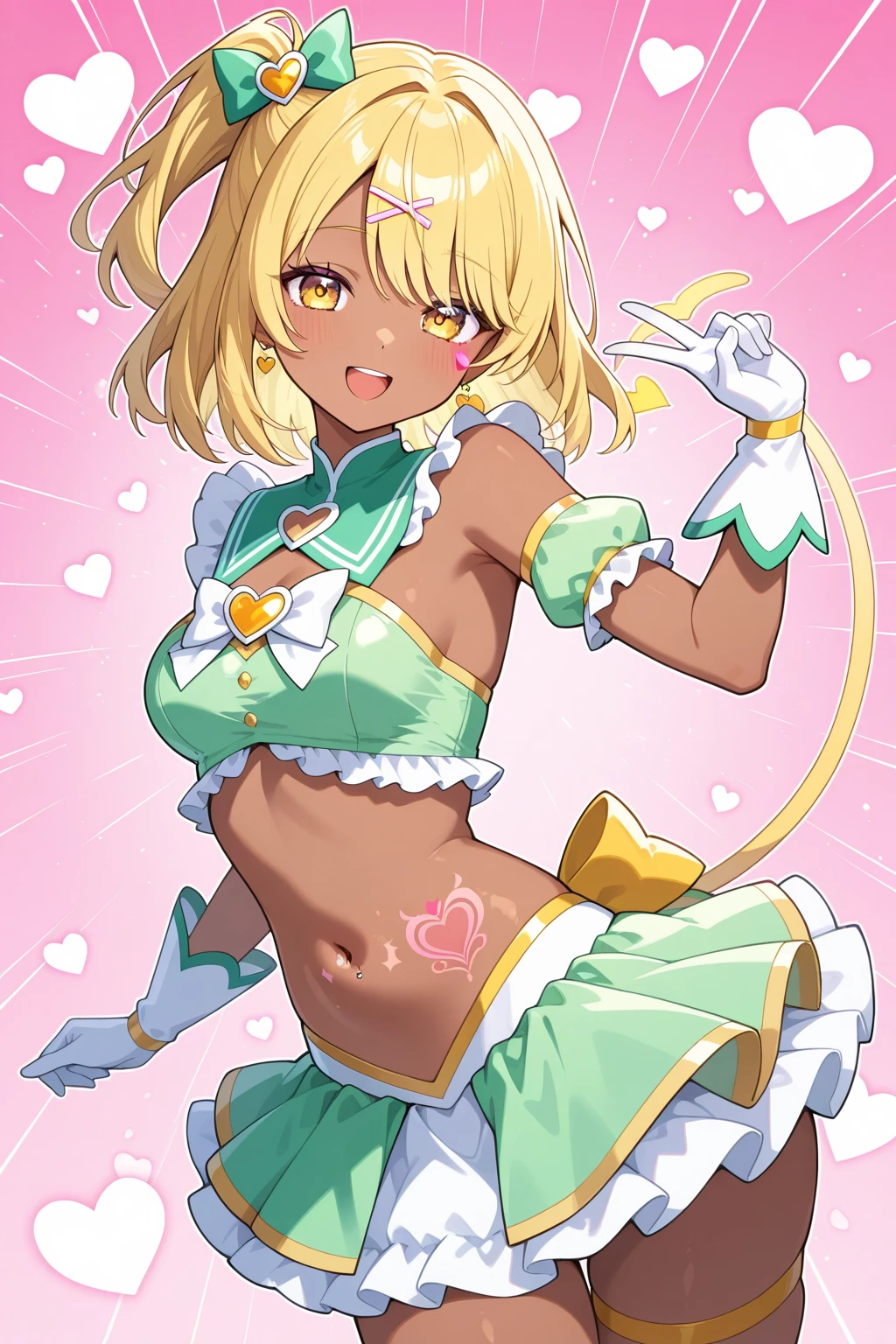 (((Little girls,))) (((children,))) lolicon bodies,((EvilTwins, blonde hair, long hair, heart, smile, twintails, eyewear on head, duel monster, multicolored hair, gloves, white gloves, sunglasses, blush, hair ornament, bangs, drill hair, green hair,heart -shaped eyewear,)),blushing face,Heavy breathing,saliva, sweat, Sweaty and wet all over,((Perfect body,))((Super beautiful,))((High quality,))((very small ??????)),((micro ??????,)),Smile,open mouth,((Show off your ?????? by opening your ?????? in a crouching posture,peace sign with both hands,Face and whole body wet with sweat and ????? and glossy,)),from below,short torso,sleeveless,bike shorts,black shorts