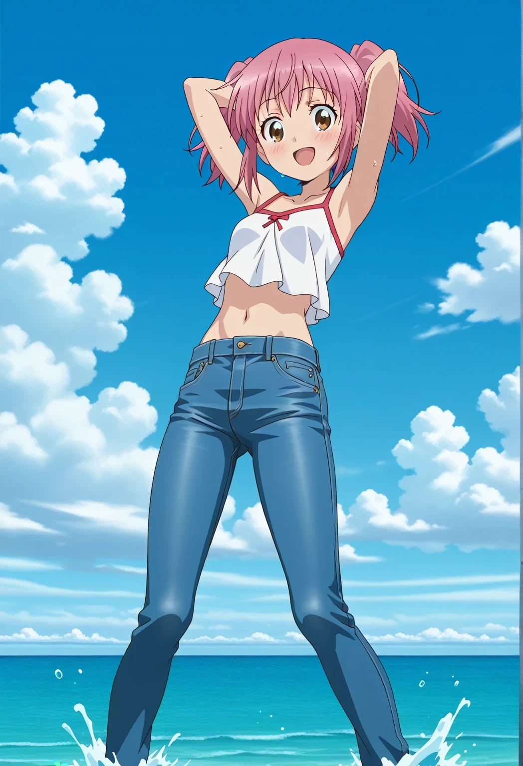 score_9, score_8_up, score_7_up, source_anime, highres, hi res, ((best quality, top quality, perfect quality, Highest Quality, amazing quality)), {{masterpiece}}, {{an extremely delicate and beautiful}}, 2d, intricate details, official style, anime, 8k, anime style, official_anime, official art, digital painting, cell shading, soft shading, high resolution, soothing tones, Subdued Color, Soft cinematic light, adobe lightroom, photolab, HDR, intricately and hyper-detailed, ((high quality animation)), 1 girl, Alone, solo, ((ocean)), tsunami, on the water, day, sunny, outdoors, sky, windy, natsumi hinata, Sgt. Frog, short hair, twintails, pink hair, brown eyes, anime screencap, small , white camisole top, crop top, white crop top, best quality, hyper-detailed jeans, ((blue jeans:1.9)), (dark blue jeans:0.6), full medium body, medium shot, Open mouth, smiling, happy face, blush, sweat, standing, ((arms behind head:6.0)), ((perfect arm line:2.5)), bowlegged, jumping pose, action, looking at viewer, , Bend knees slightly, straight-on front view